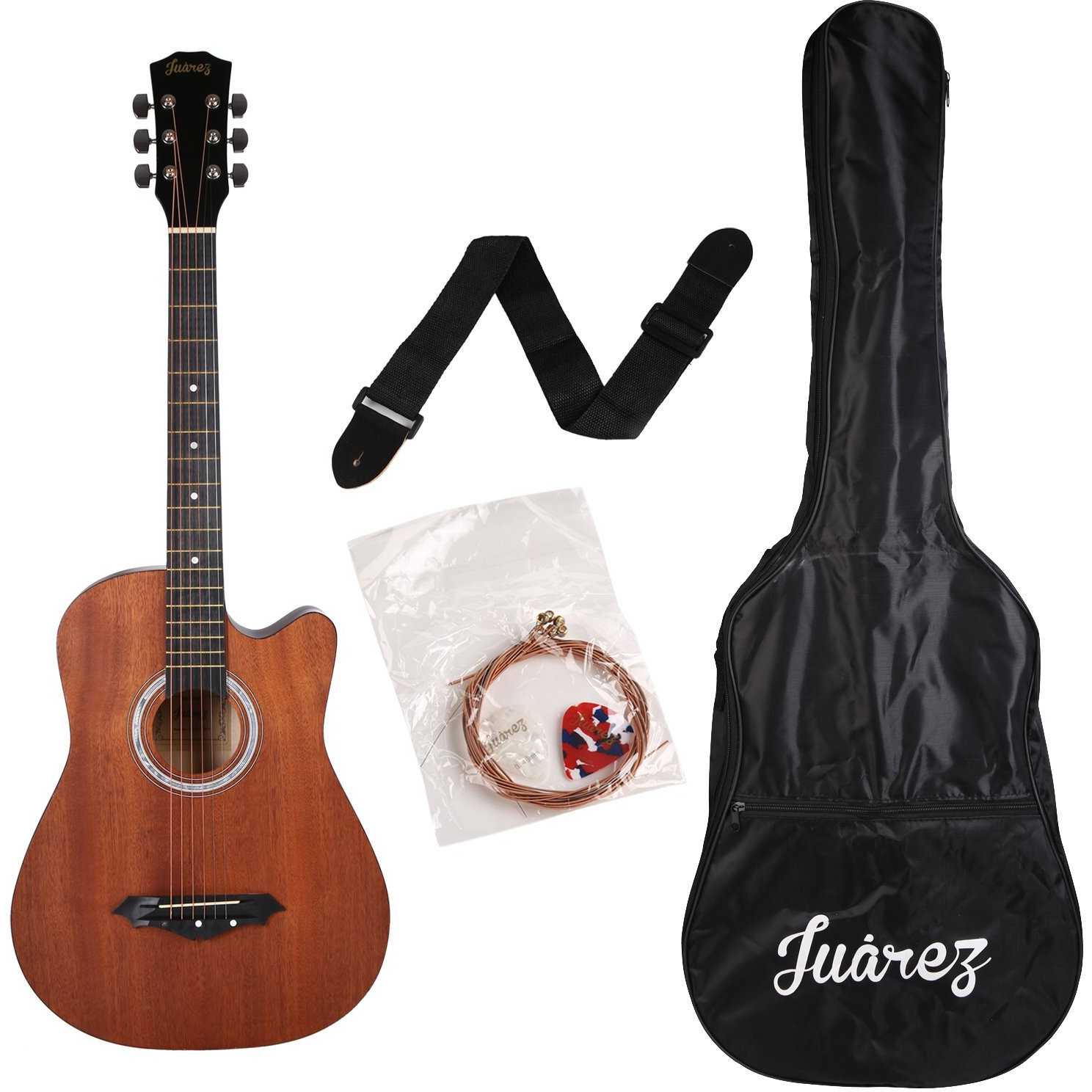 Jurez JRZ38C/MAH 6 Strings Acoustic Guitar 38 Inch Cutaway, Right Handed, Mahogany with Bag, Strings, Picks and Strap
