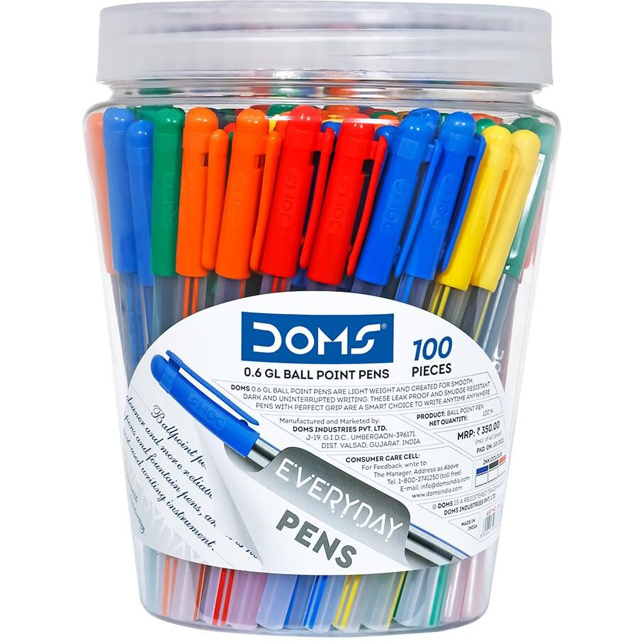 Doms Everyday GL Ball Point Pen Jar Pack | Tip Size 0.6 MM | Light Weight With Leak Poof | Comfotable Grip For Smudge Free Writing | Blue Ink, Pack Of 100 Pens