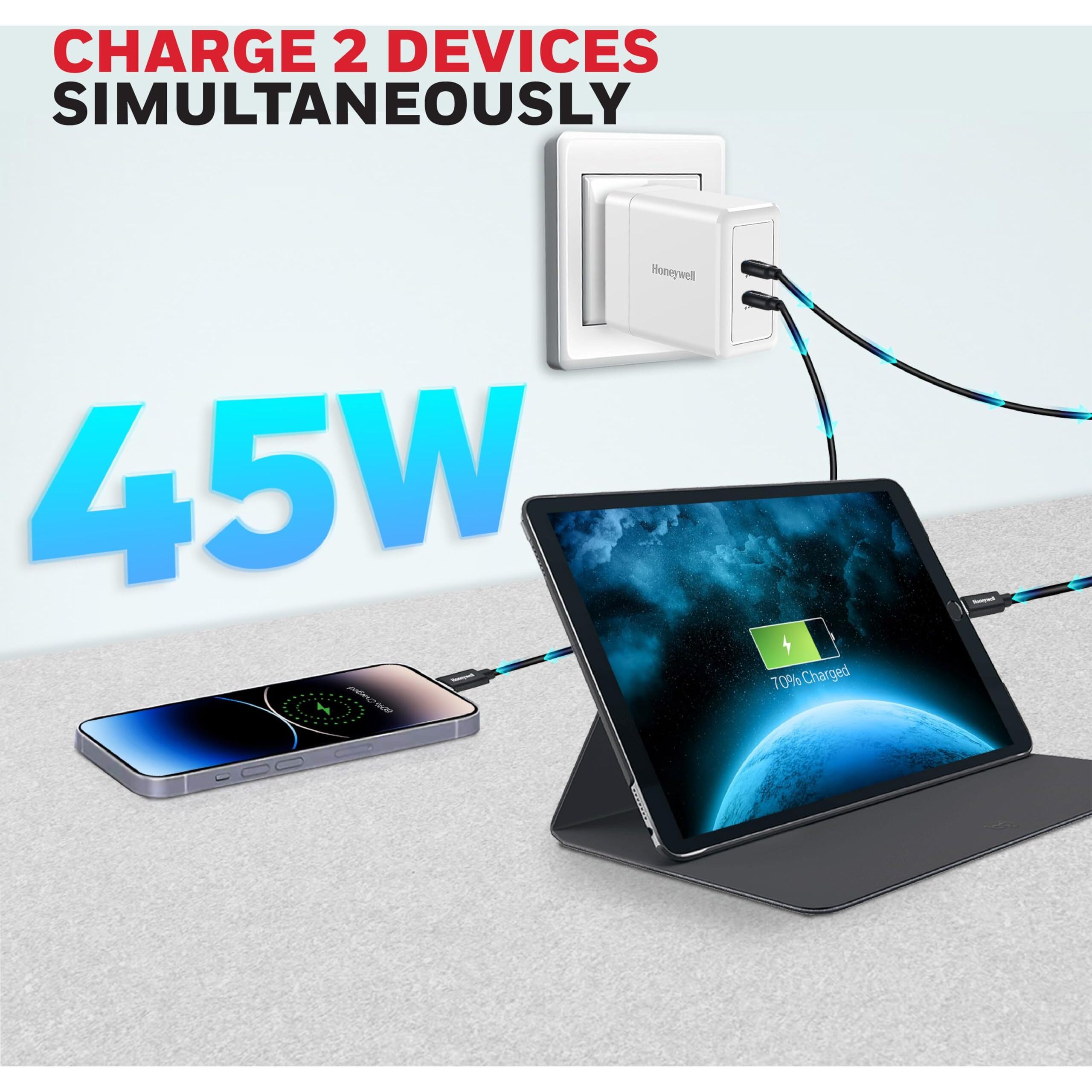 Honeywell Zest Charger GaN 45W, Ultra-Fast Wall Charger with PPS Support, 2xType C PD 3.0 Port, BIS Certified, Compatible with iPhone, iPad Pro, Pixel, Galaxy, Oneplus, Tablet, Smartwatches