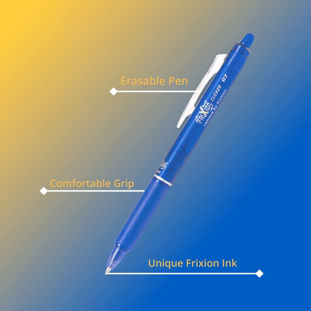 Pilot Frixion Clicker 0.7mm Fine Point Roller Ball Pen with Comfortable Dimpled Grip & Inbuild Eraser | Blue Ink, 1 pcs