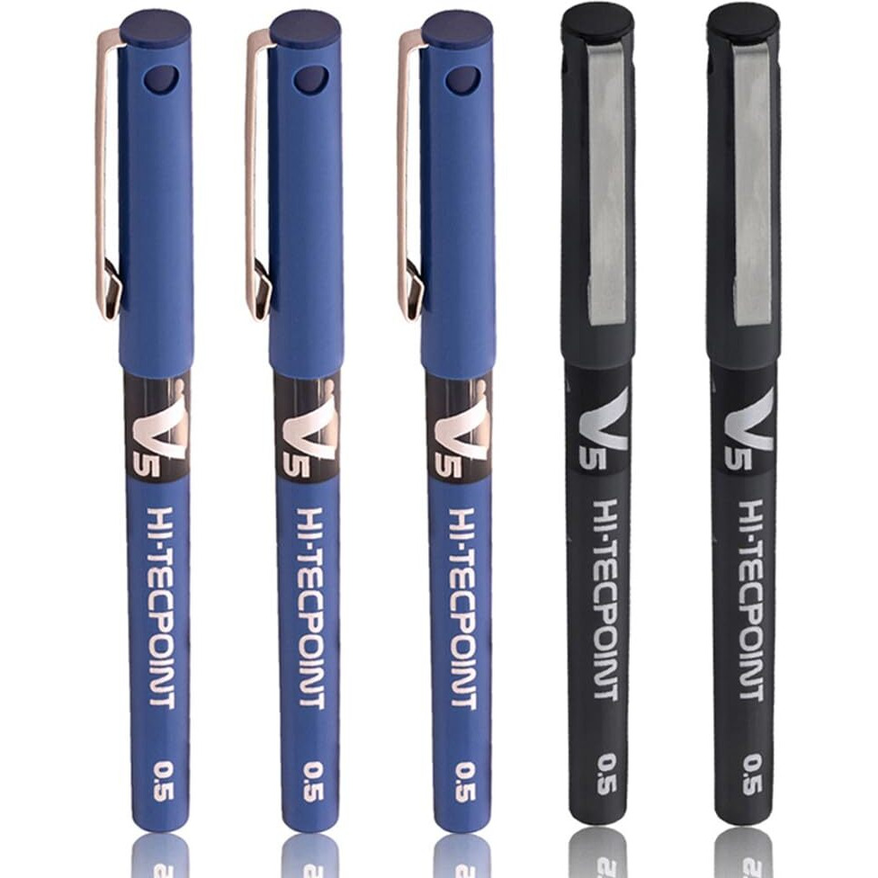 Pilot Hi-Tecpoint V5 0.5mm Extra Fine Point Pure Liquid Ink Roller Ball Pen | Pack Of 5 (3 Blue + 2 Black)