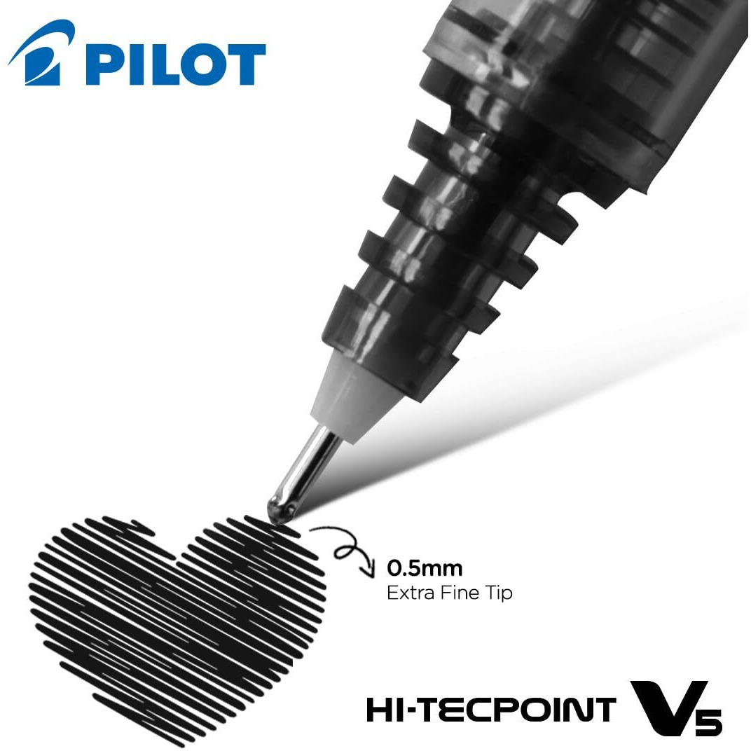 Pilot Hi-Tecpoint V5 0.5mm Extra Fine Point Pure Liquid Ink Roller Ball Pen | Pack Of 5 (3 Blue + 2 Black)