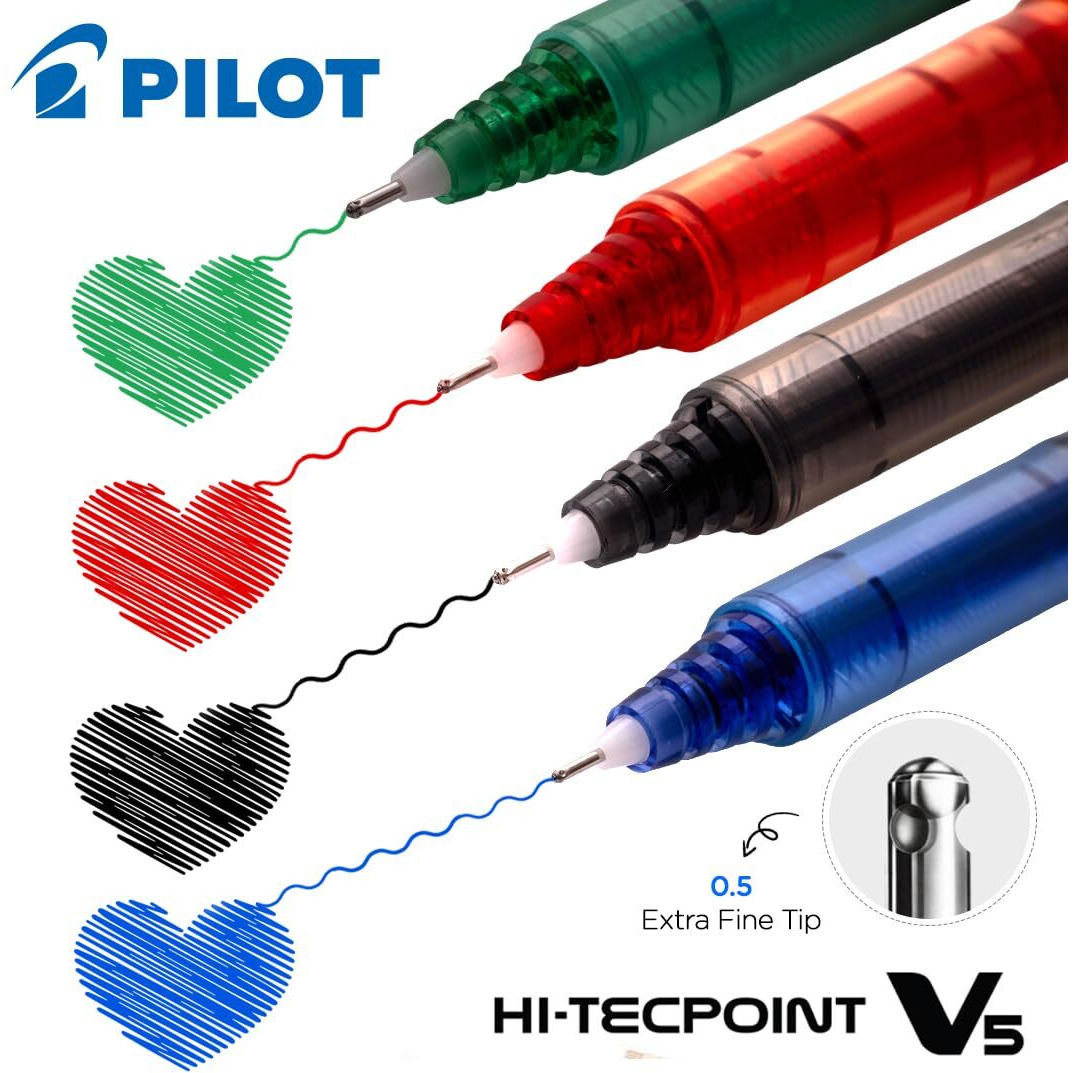 Pilot Hi-Tecpoint V5 0.5mm Extra Fine Point Pure Liquid Ink Roller Ball Pen | Pack Of 5 (3 Blue + 2 Black)