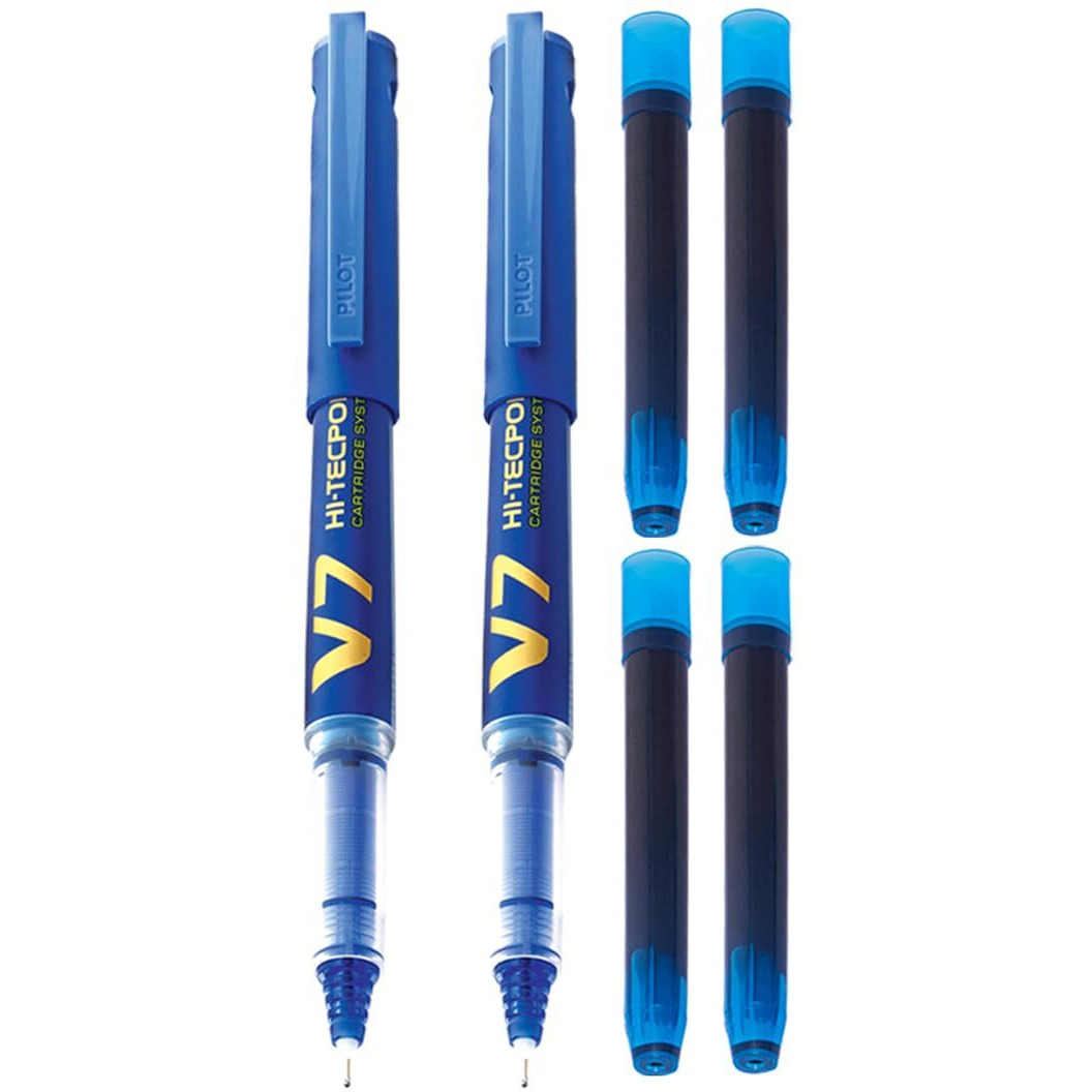 Pilot V7 Hi-tecpoint Roller ball pen with Cartridge System - 2 Blue Pens, 4 cartridges