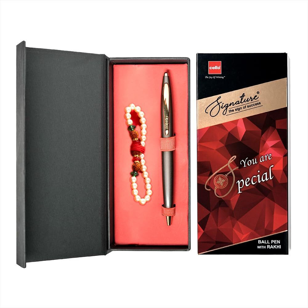 Cello Signature Pen Gift Set | Blue Ink | Pack Of 1 Rudraksha Pearl Bracelet & 1 Ball Pen | Gun Metal Finish | Premium Metal Pens for Office Use | Corporate Gifting | Stylish Gifts for Bhai Dooj