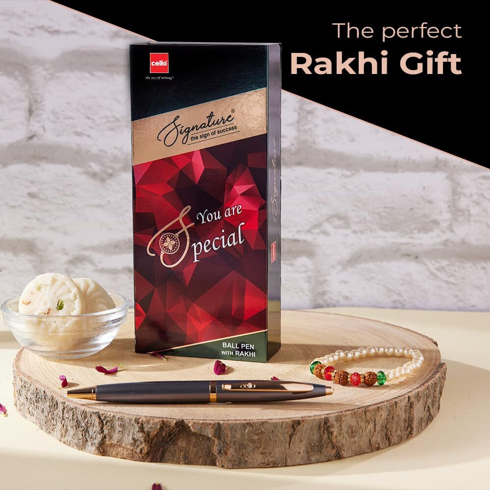 Cello Signature Pen Gift Set | Blue Ink | Pack Of 1 Rudraksha Pearl Bracelet & 1 Ball Pen | Gun Metal Finish | Premium Metal Pens for Office Use | Corporate Gifting | Stylish Gifts for Bhai Dooj