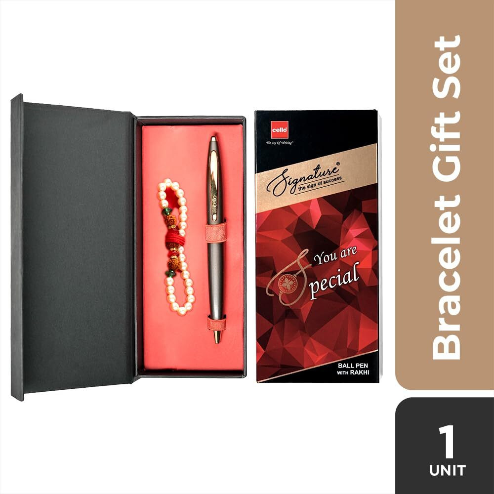 Cello Signature Pen Gift Set | Blue Ink | Pack Of 1 Rudraksha Pearl Bracelet & 1 Ball Pen | Gun Metal Finish | Premium Metal Pens for Office Use | Corporate Gifting | Stylish Gifts for Bhai Dooj