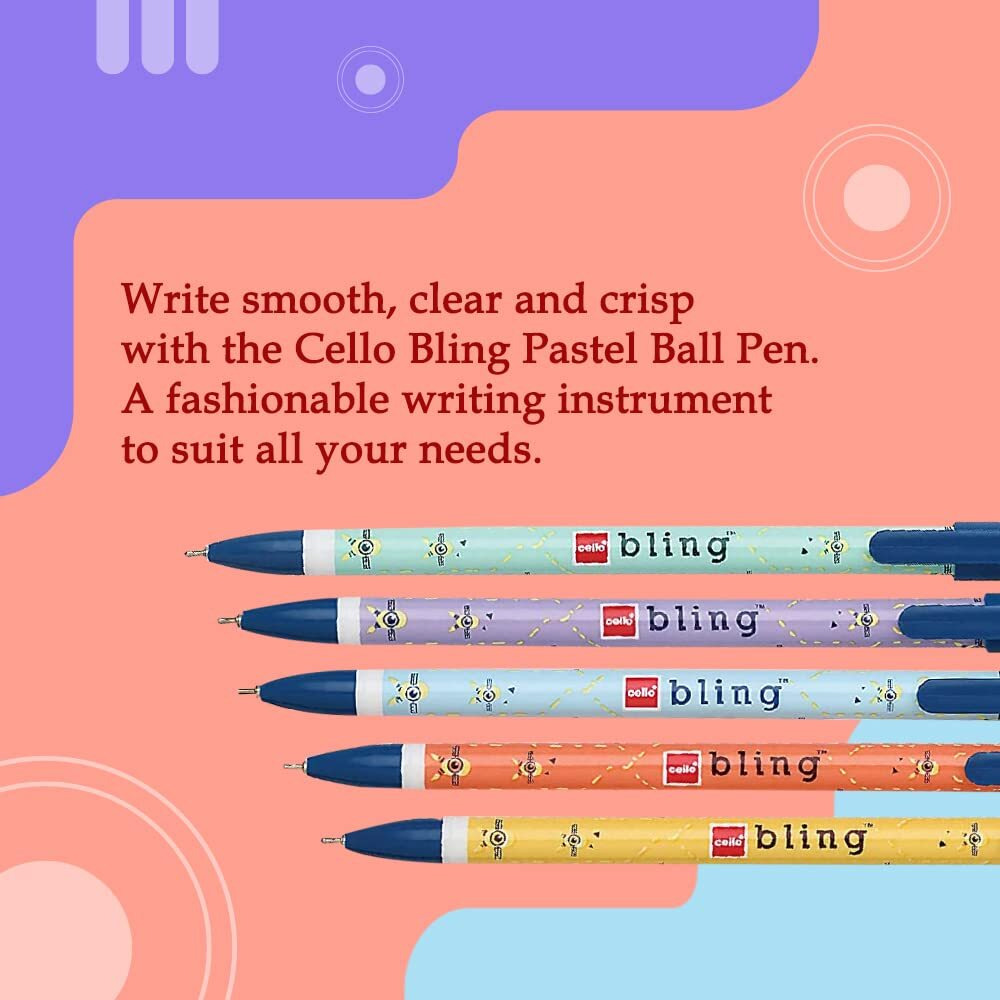 Cello Bling Pastel Ball Pen | Blue Ball Pen | Jar of 25 Units | Best Ball Pens for Smooth Writing | Ball Point Pen Set | Pens for Students | Office Stationery Items | Best pen for Exam