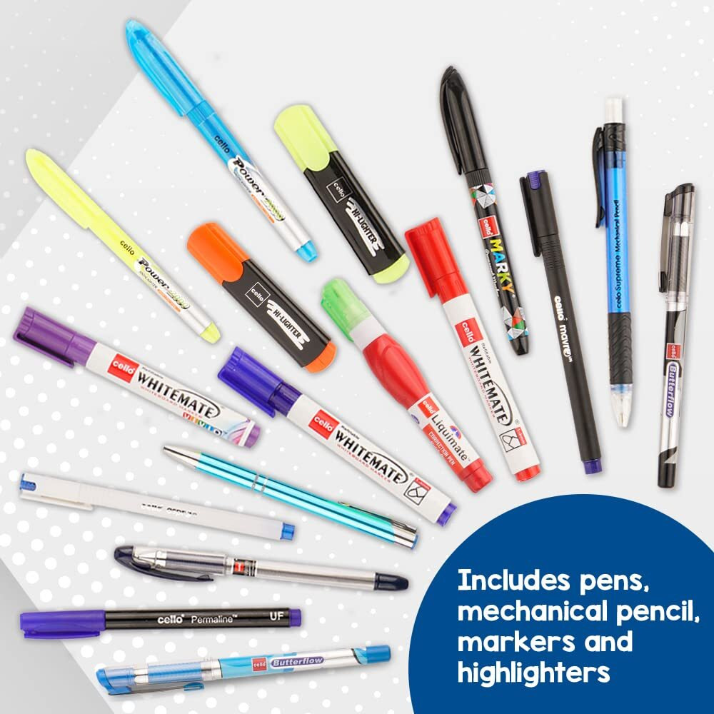 Cello Desk Station, Assorted Office Stationery Items | Ball Pens, Marker, Highlighters | 23 Stationery Items & 1 Pen Stand | Ideal for Office and Home Use, Multicolor | Best Pen for Exam (Plastic) | Gift Set for Rakhi | Corporate Gifts for Employees