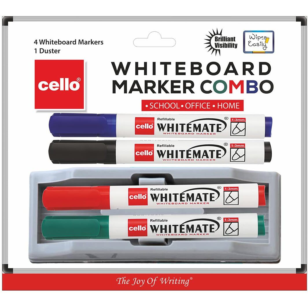 Cello Whitemate Whiteboard Markers | Set Of 4 Markers And 1 Duster | 4 Assorted Ink Colours | Bold Point Marker Pens With Easily Refillable And Erasable Ink | Writes Longer.