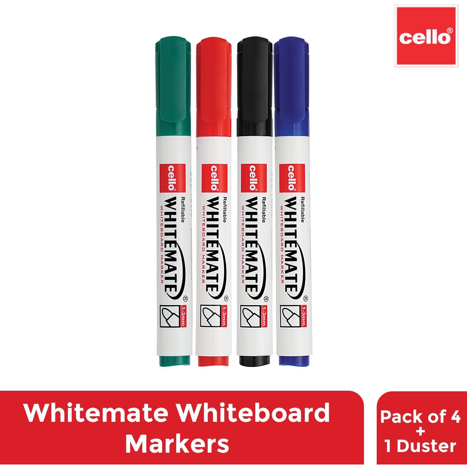 Cello Whitemate Whiteboard Markers | Set Of 4 Markers And 1 Duster | 4 Assorted Ink Colours | Bold Point Marker Pens With Easily Refillable And Erasable Ink | Writes Longer.