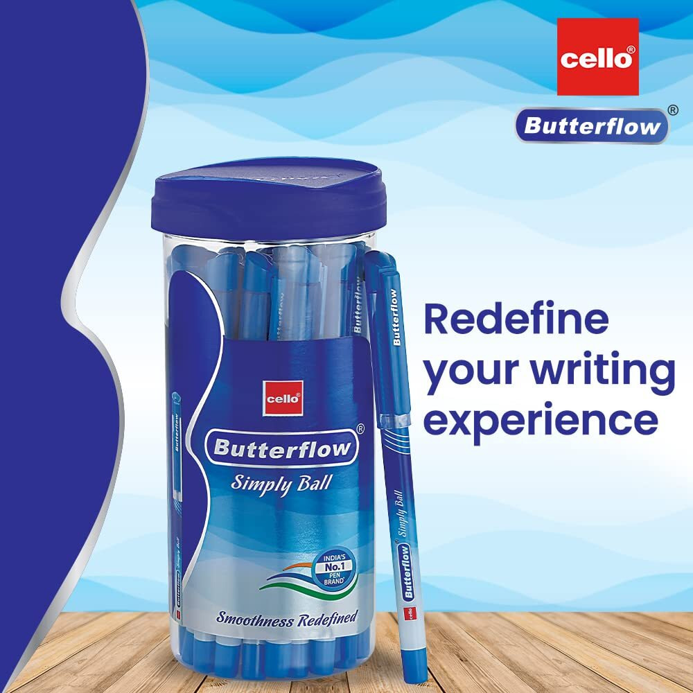 Cello Butterflow Simply Ball Pen Set | Pack of 25 Ball Pens | 20 Blue and 5 Black Ink Colour Pens | Smooth Writing Experience | For School and Office Use | Best Pen for Exams