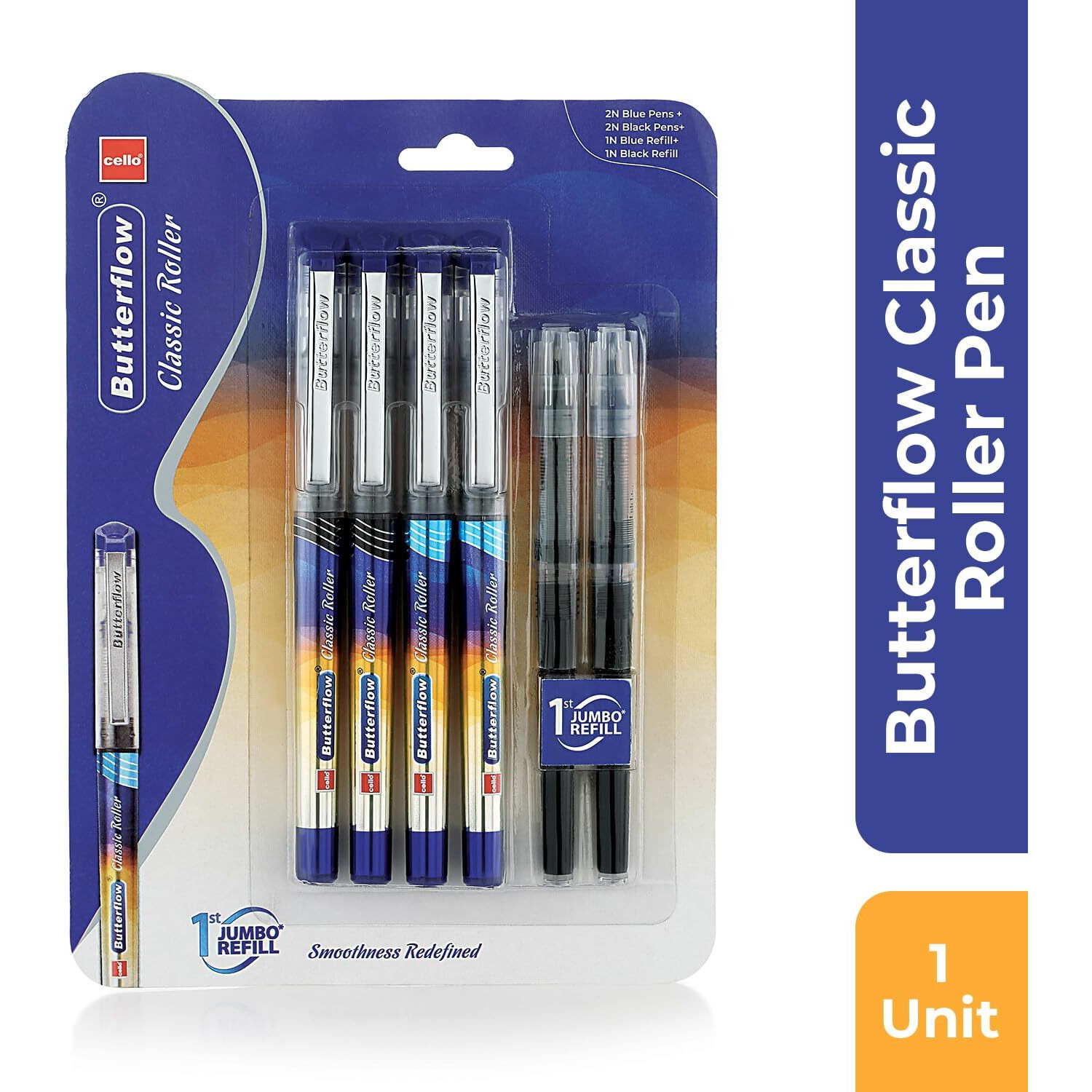 Cello Butterflow Classic Roller Pen Set | Pack of 4 Roller Pens | 2 Blue & 2 Black Ink Colour Pens + 2 Jumbo Refills | Smooth Writing Experience | For Students and Office Use | Best Pen for Exams