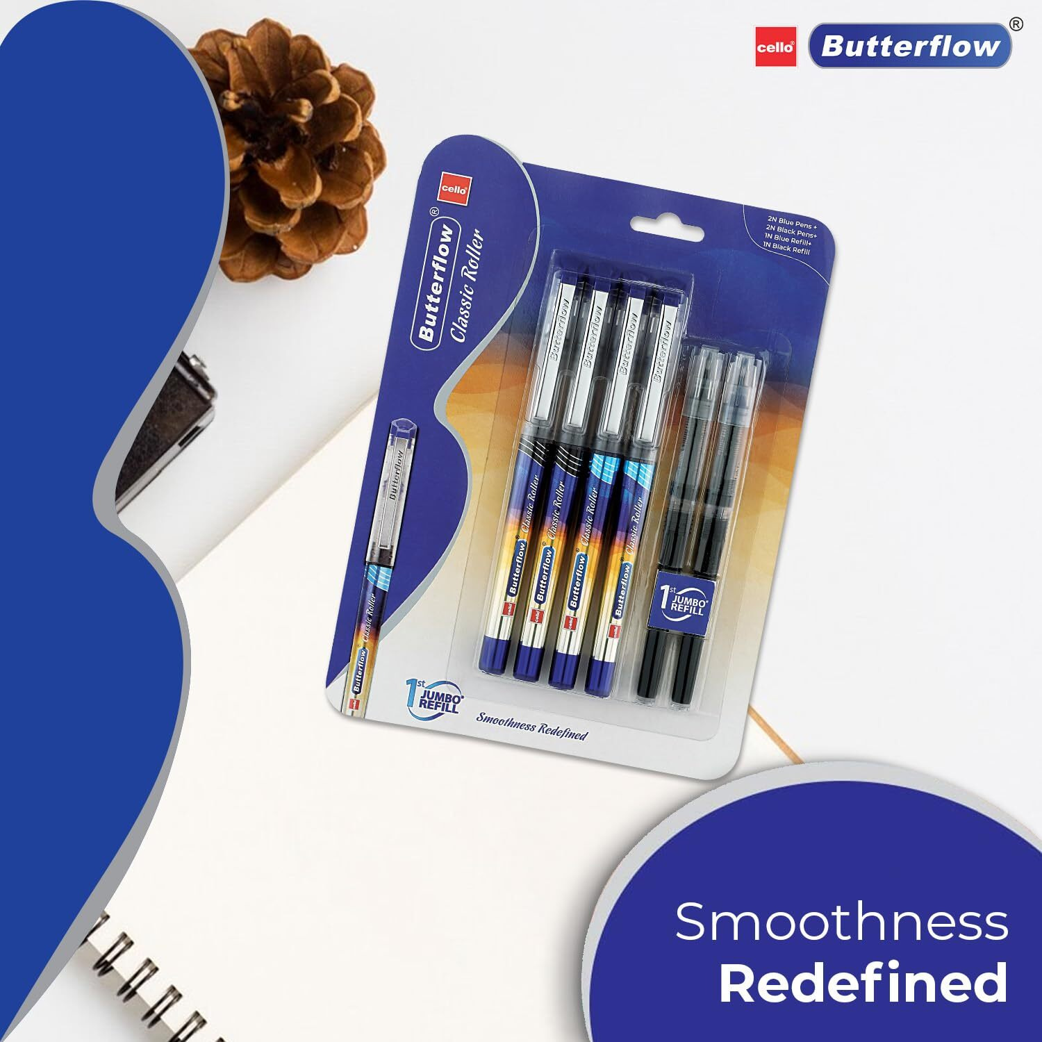 Cello Butterflow Classic Roller Pen Set | Pack of 4 Roller Pens | 2 Blue & 2 Black Ink Colour Pens + 2 Jumbo Refills | Smooth Writing Experience | For Students and Office Use | Best Pen for Exams