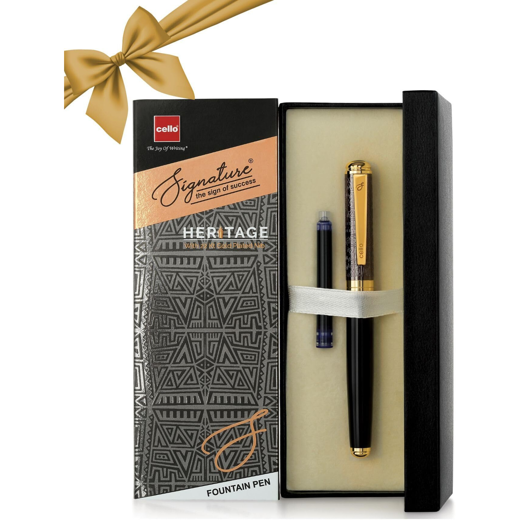 Cello Signature Heritage Fountain Pen | Blue Ink | 1 Fountain Pen + Ink Cartridge | 22Kt Gold-Plated Iridium Nib | Premium Metal Pen for Gift | Stylish Corporate & New Year Gifts for Men & Women