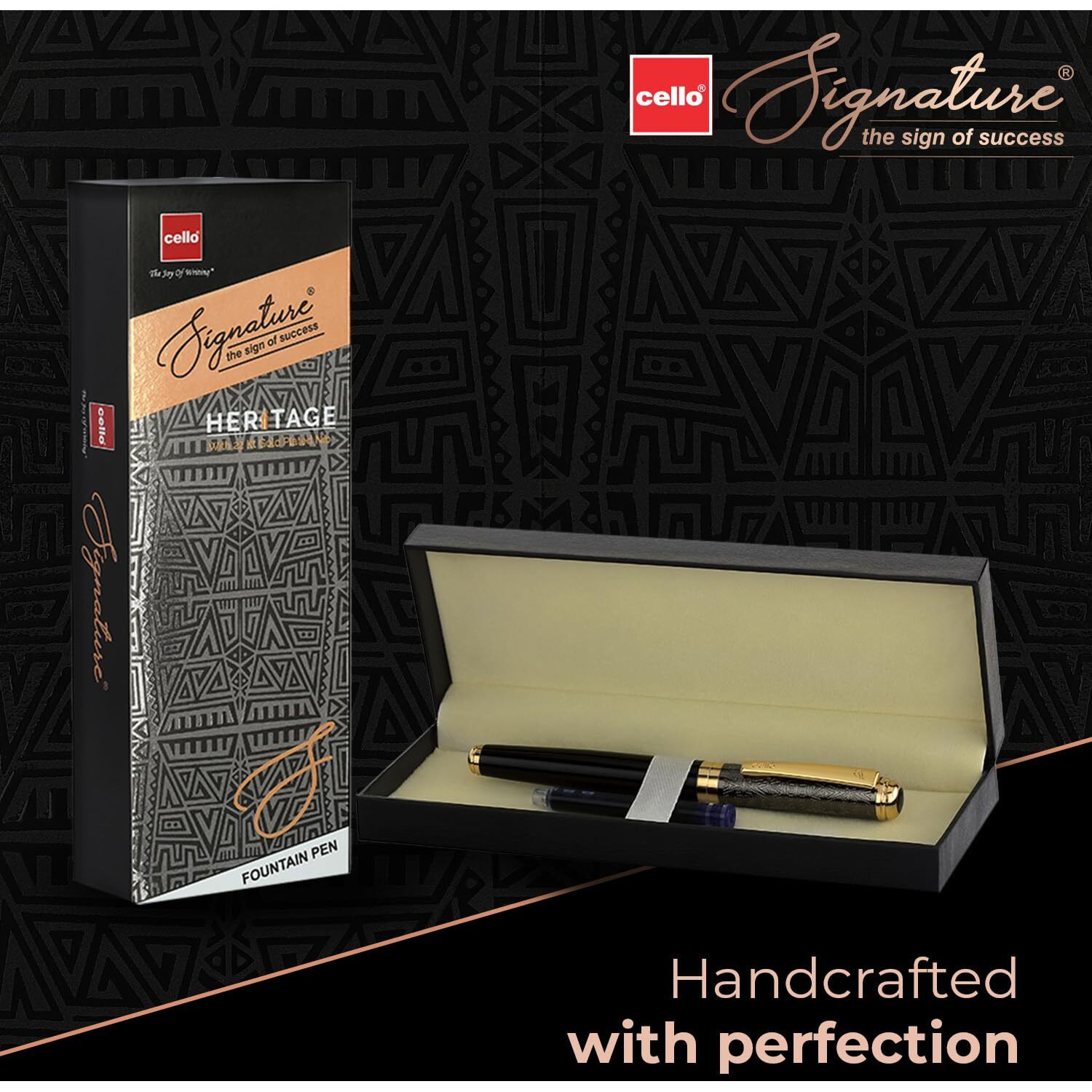Cello Signature Heritage Fountain Pen | Blue Ink | 1 Fountain Pen + Ink Cartridge | 22Kt Gold-Plated Iridium Nib | Premium Metal Pen for Gift | Stylish Corporate & New Year Gifts for Men & Women