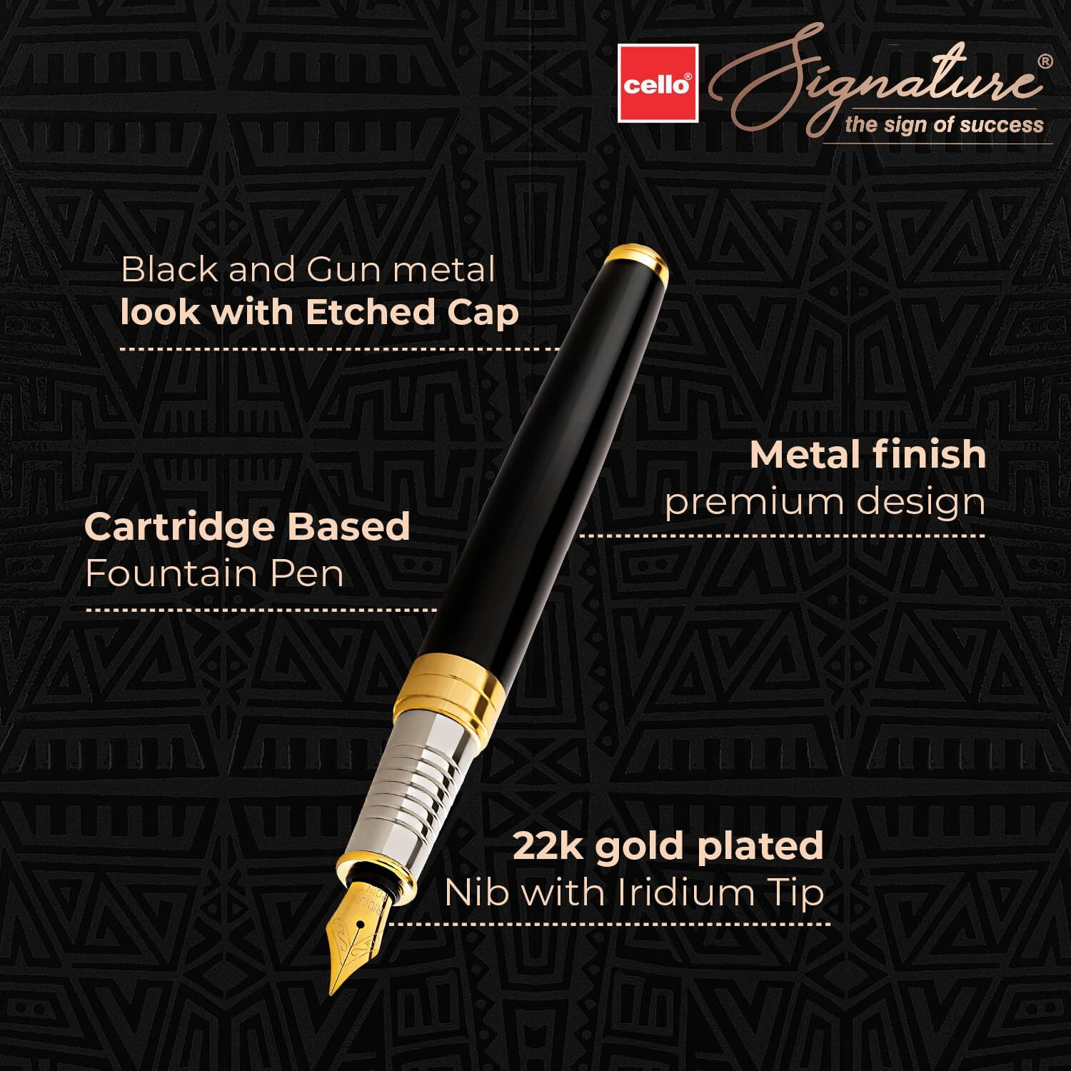 Cello Signature Heritage Fountain Pen | Blue Ink | 1 Fountain Pen + Ink Cartridge | 22Kt Gold-Plated Iridium Nib | Premium Metal Pen for Gift | Stylish Corporate & New Year Gifts for Men & Women