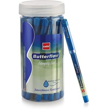 Cello Butterflow Simply Gel Pen Set | Pack of 25 Gel Pens | 19 Blue, 4 Black & 2 Red Ink Colour Pens | Smooth Writing Experience | For School and Office Use | Best Pen for Exams