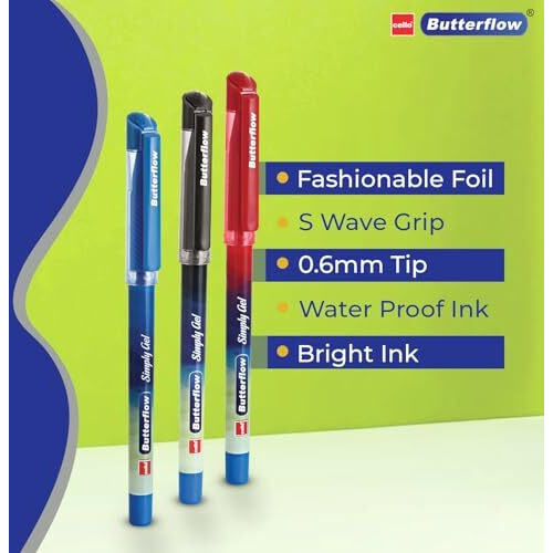 Cello Butterflow Simply Gel Pen Set | Pack of 25 Gel Pens | 19 Blue, 4 Black & 2 Red Ink Colour Pens | Smooth Writing Experience | For School and Office Use | Best Pen for Exams