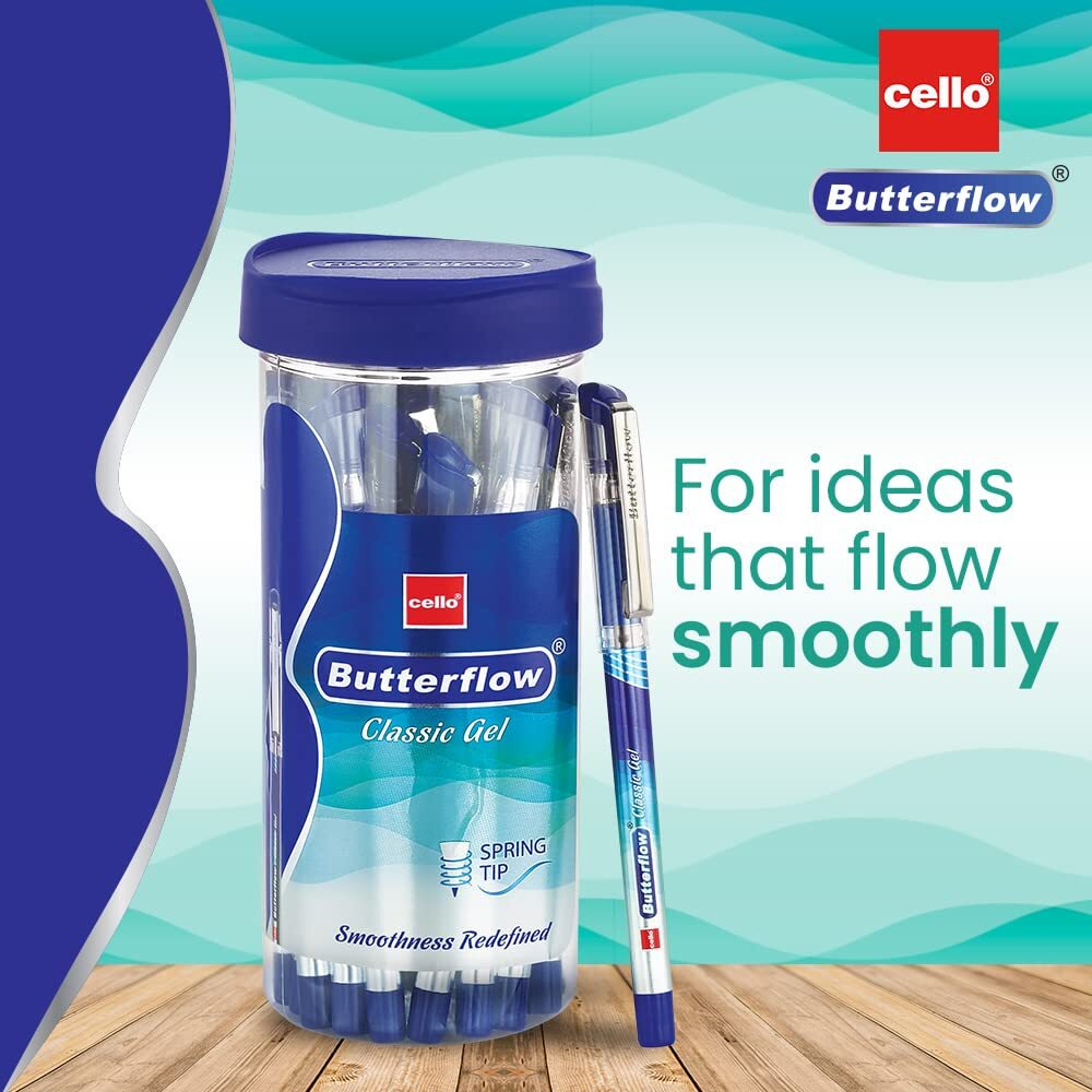 Cello Butterflow Classic Gel Pen Set | Pack of 20 Gel Pens | 20 Blue Ink Colour Pens | Spring Tip | Smooth Writing Experience | For School and Office Use | Best Pen for Exams