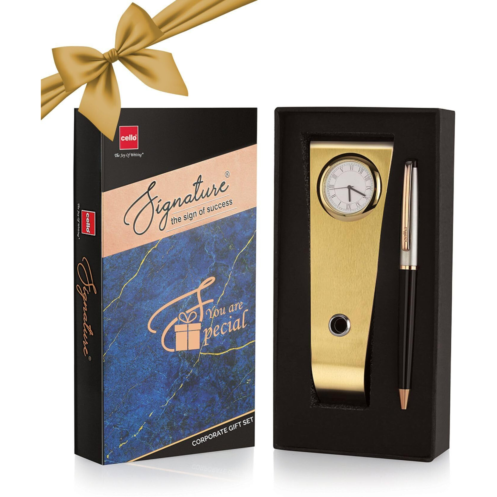 Cello Signature Corporate Gift Set | Blue Ink | 1 Ball Pen + 1 Golden Finish Table Clock with Pen Holder | Premium Metal Pen for Gift | Stylish Corporate & New Year Gifts for Men & Women