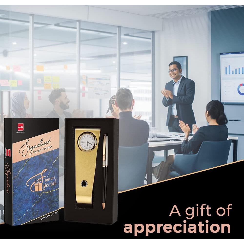 Cello Signature Corporate Gift Set | Blue Ink | 1 Ball Pen + 1 Golden Finish Table Clock with Pen Holder | Premium Metal Pen for Gift | Stylish Corporate & New Year Gifts for Men & Women