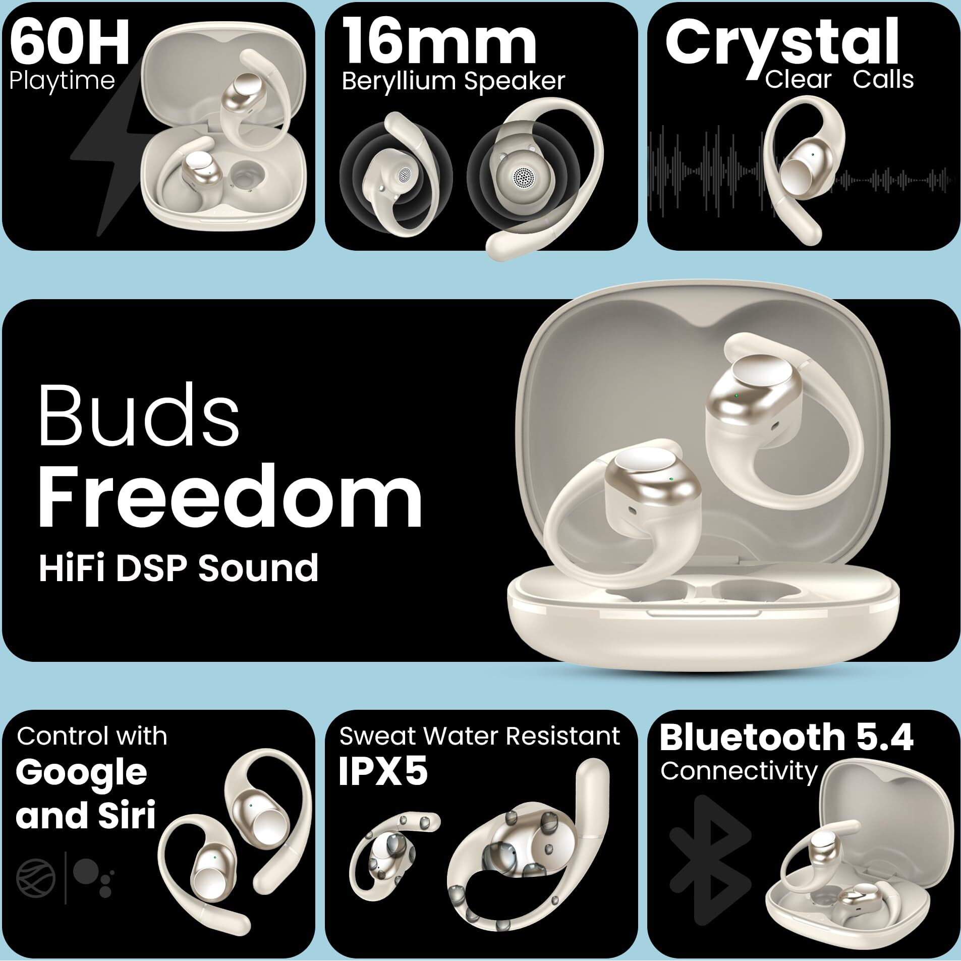 truke Newly Launched Buds Freedom Open Ear Wireless Earbuds with PureVoice Technology, 16mm Beryllium Speaker, 60H Playtime, Quad Mic for Crystal-Clear Calls, Fast Charging, BT 5.4 (Indigo Gold)