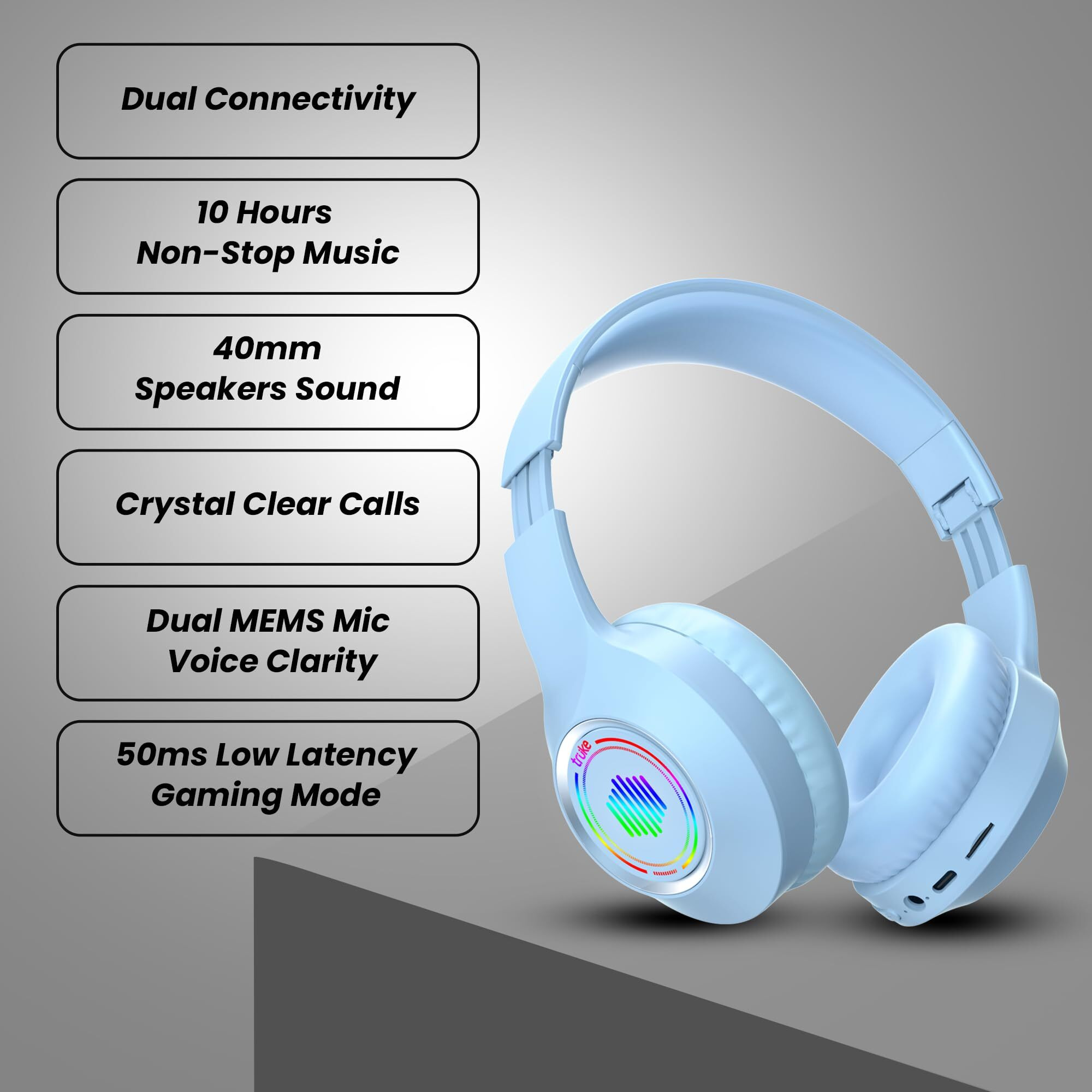 truke Newly Launched BTG 500 Over The Ear Gaming Headphone with 40mm Drivers, 10H of Playtime, Dual Pairing, Gaming Mode (50ms Latency) with RGB LEDs, TF Card with Volume Control, BT 5.4 (Sky Blue)