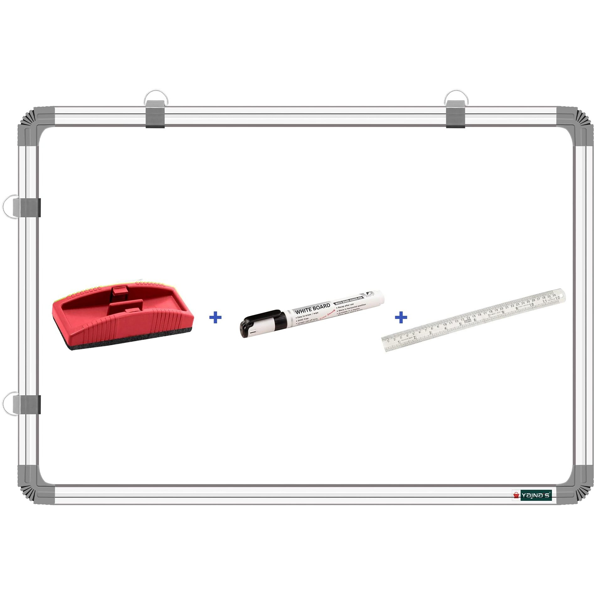 YAJNAS 2x3 Feet Non Magnetic Double Sided White Board and Chalk Board, One Side White Marker and Reverse Side Green Chalk Board Surface - Pack of 4 Items (One 2x3 feet Board + 3 Items)