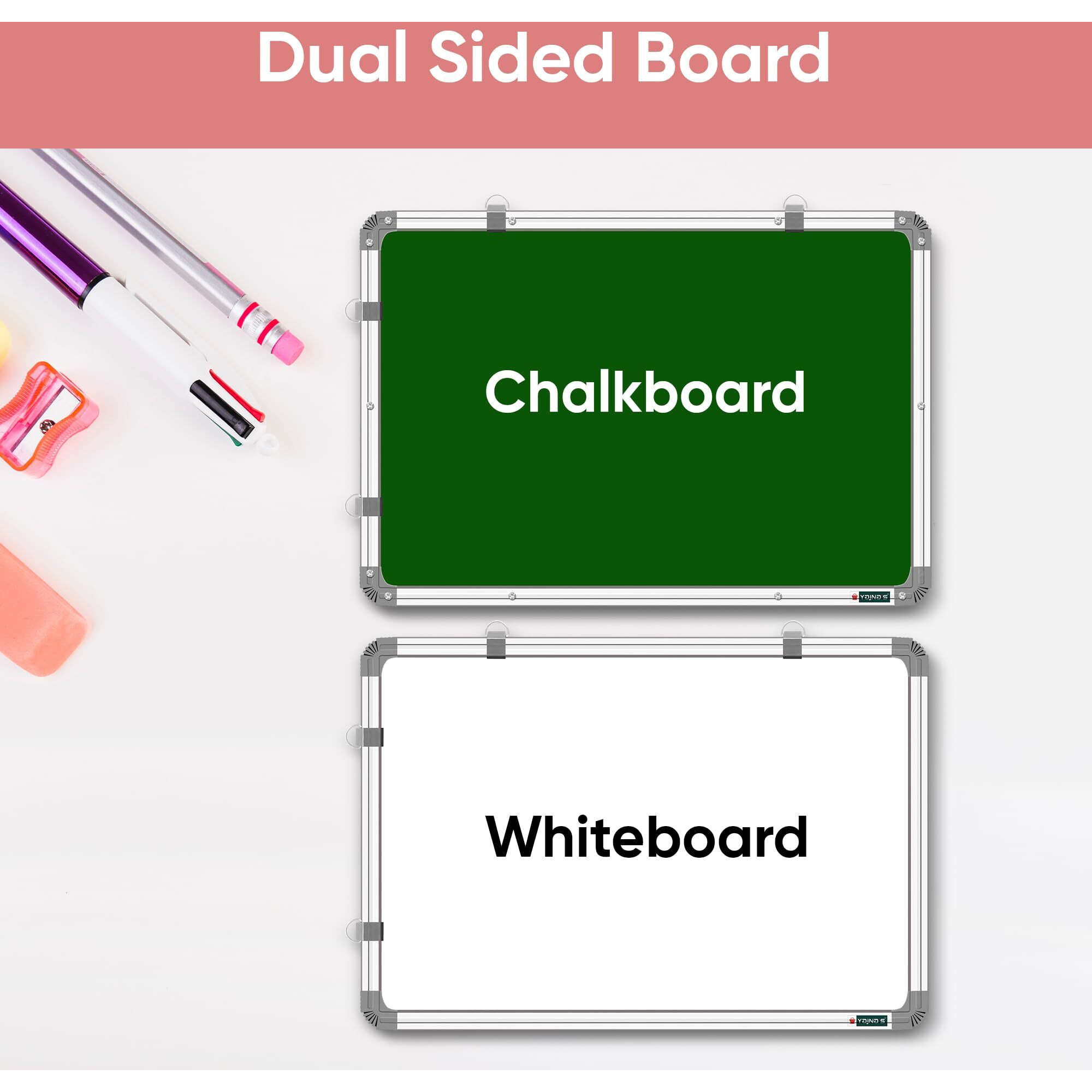 YAJNAS 2x3 Feet Non Magnetic Double Sided White Board and Chalk Board, One Side White Marker and Reverse Side Green Chalk Board Surface - Pack of 4 Items (One 2x3 feet Board + 3 Items)