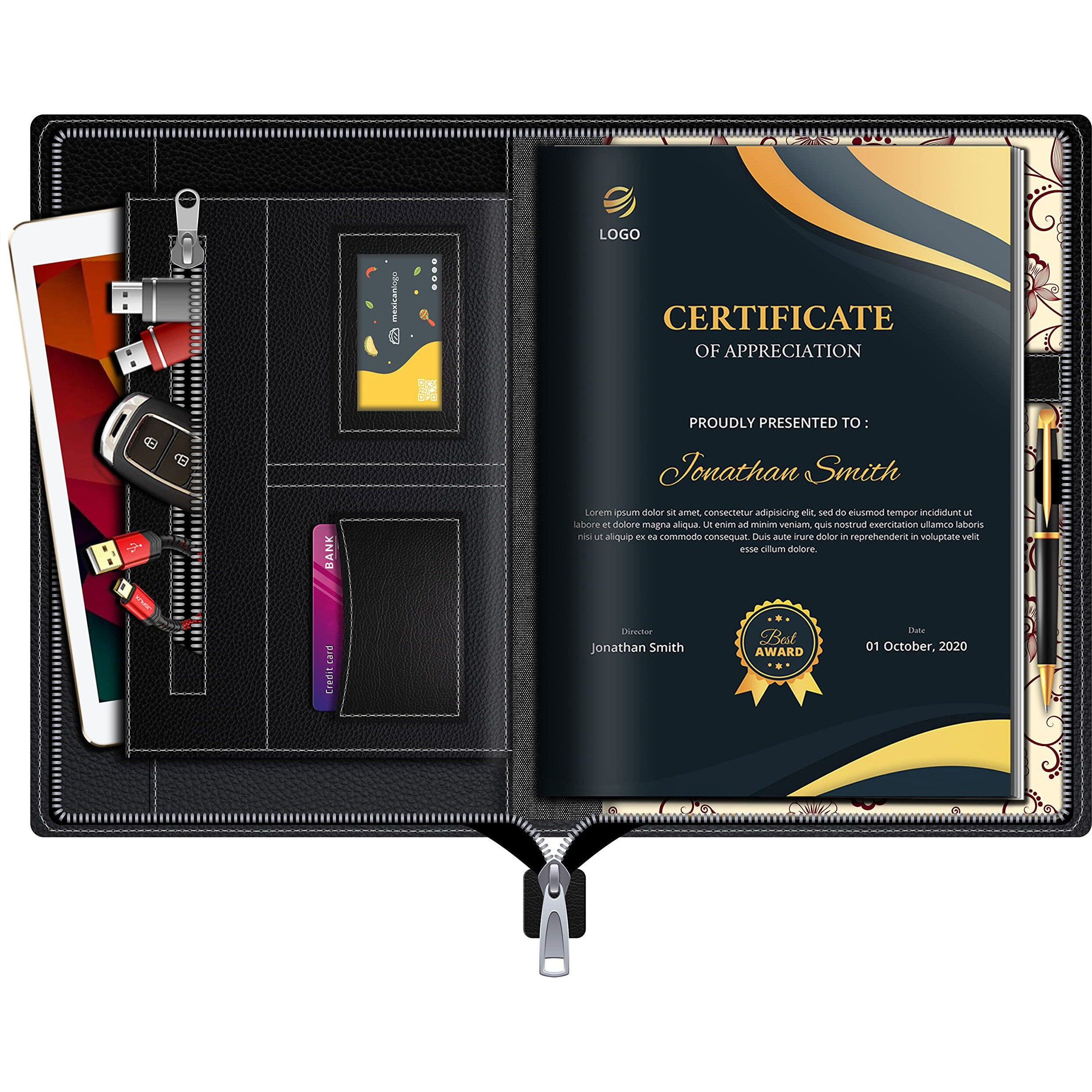 FEDUS Multipurpose Leatherette Professional File Folders for Certificates,Documents Holder,Document Bag, Portfolio, Executive File A4 Size Documents Holder with 20 Leafs for Men and Women, Black
