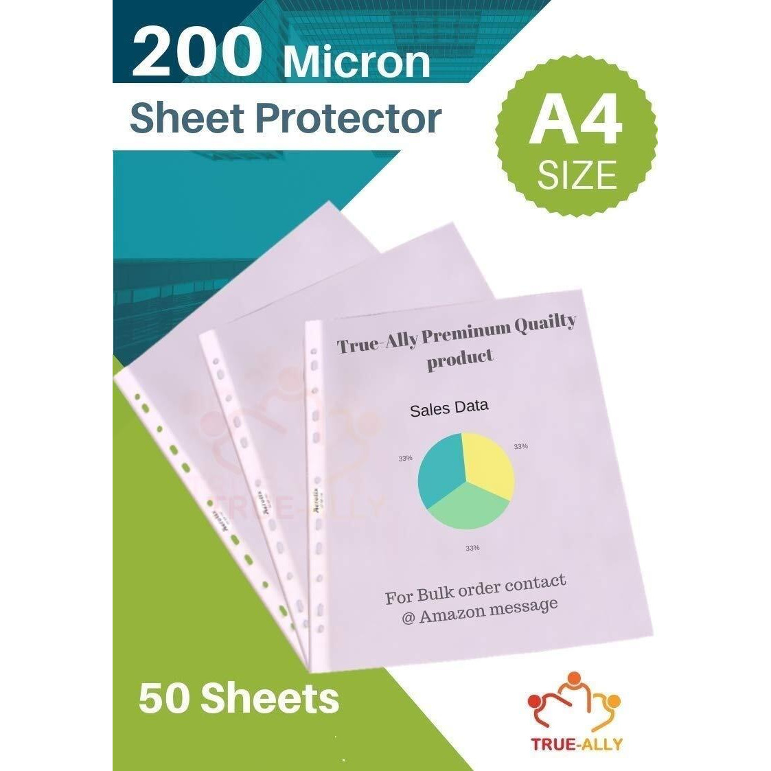True-Ally Heavy Duty 50 Pcs 200 Micron Transparent Document Sleeves, Leaf Sheet Clear Certificates, Waterproof Sheet Protectors 11 Holes Punched Ring Files Folder (A4 Size) (50 Sheets - 200 Micron)