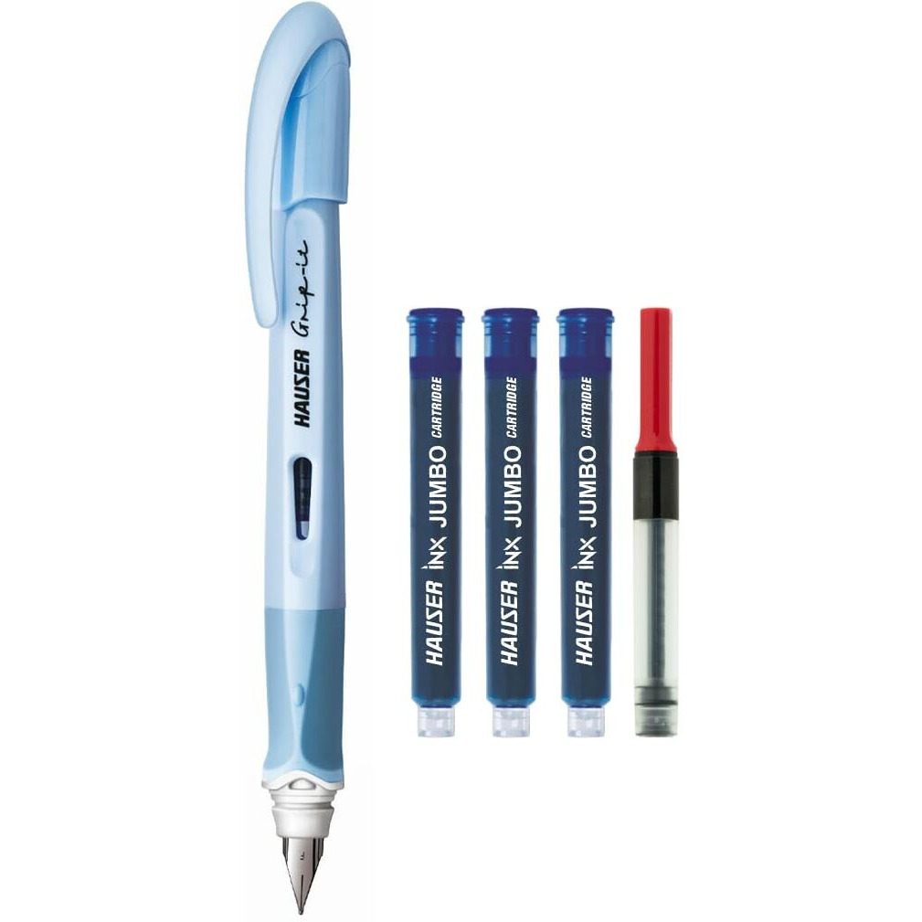 Hauser Inx Grip-it Fountain Pen | Ergonomically Aesthetic Designed for Firm Grip | Pastel Body Colors | 3 Ink Cartridges & 1 Ink Converter | Blue Ink, Pack of 2 (Body Color May Vary)
