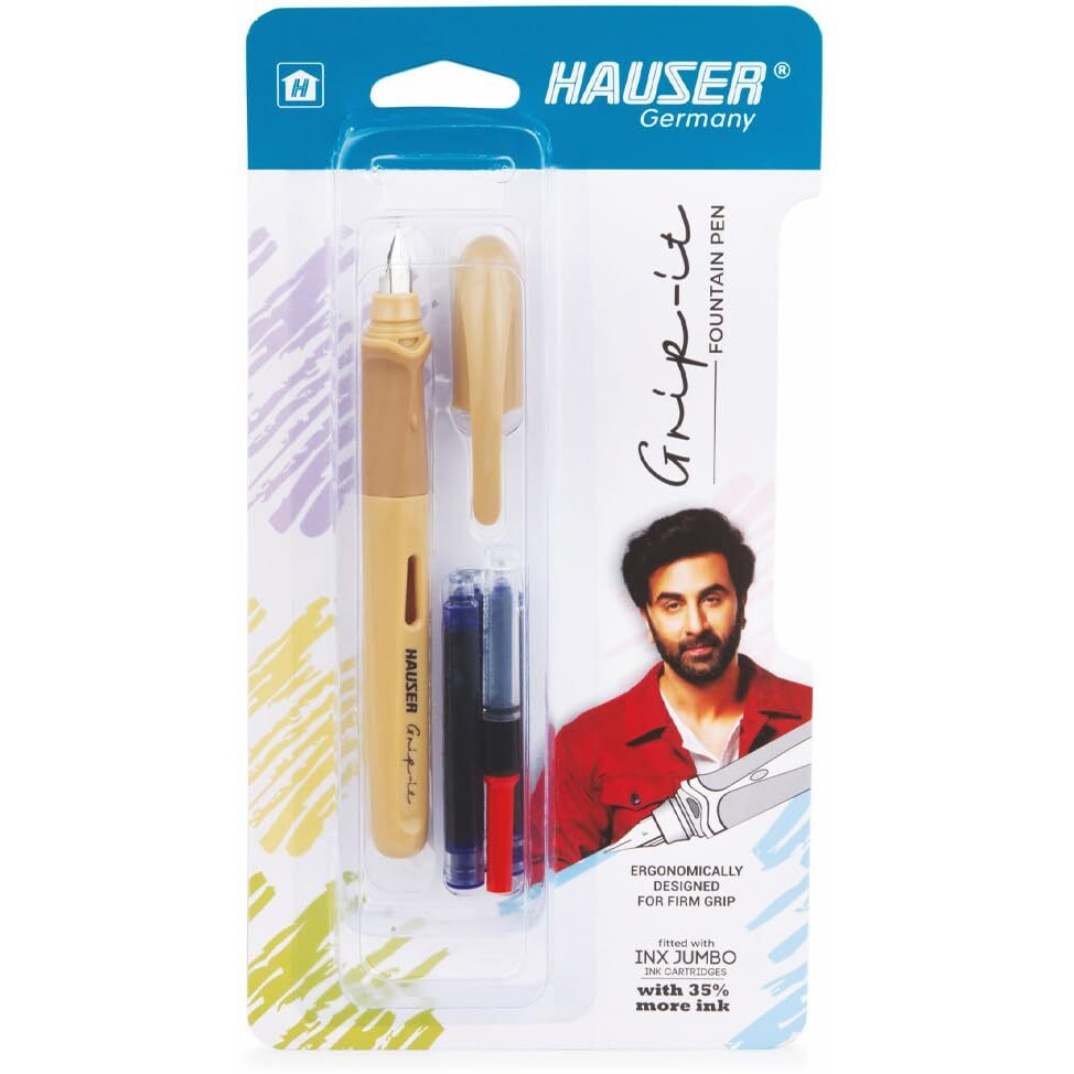 Hauser Inx Grip-it Fountain Pen | Ergonomically Aesthetic Designed for Firm Grip | Pastel Body Colors | 3 Ink Cartridges & 1 Ink Converter | Blue Ink, Pack of 2 (Body Color May Vary)