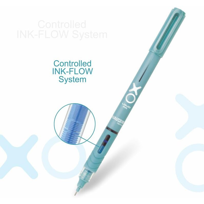 Hauser XO Liquid Ink Roller Pen | Needle Tip For Smooth & Consistent Ink Flow | Fitted with Controlled Ink Flow System & Rubberized Grip | Blue Ink, Pack of 6