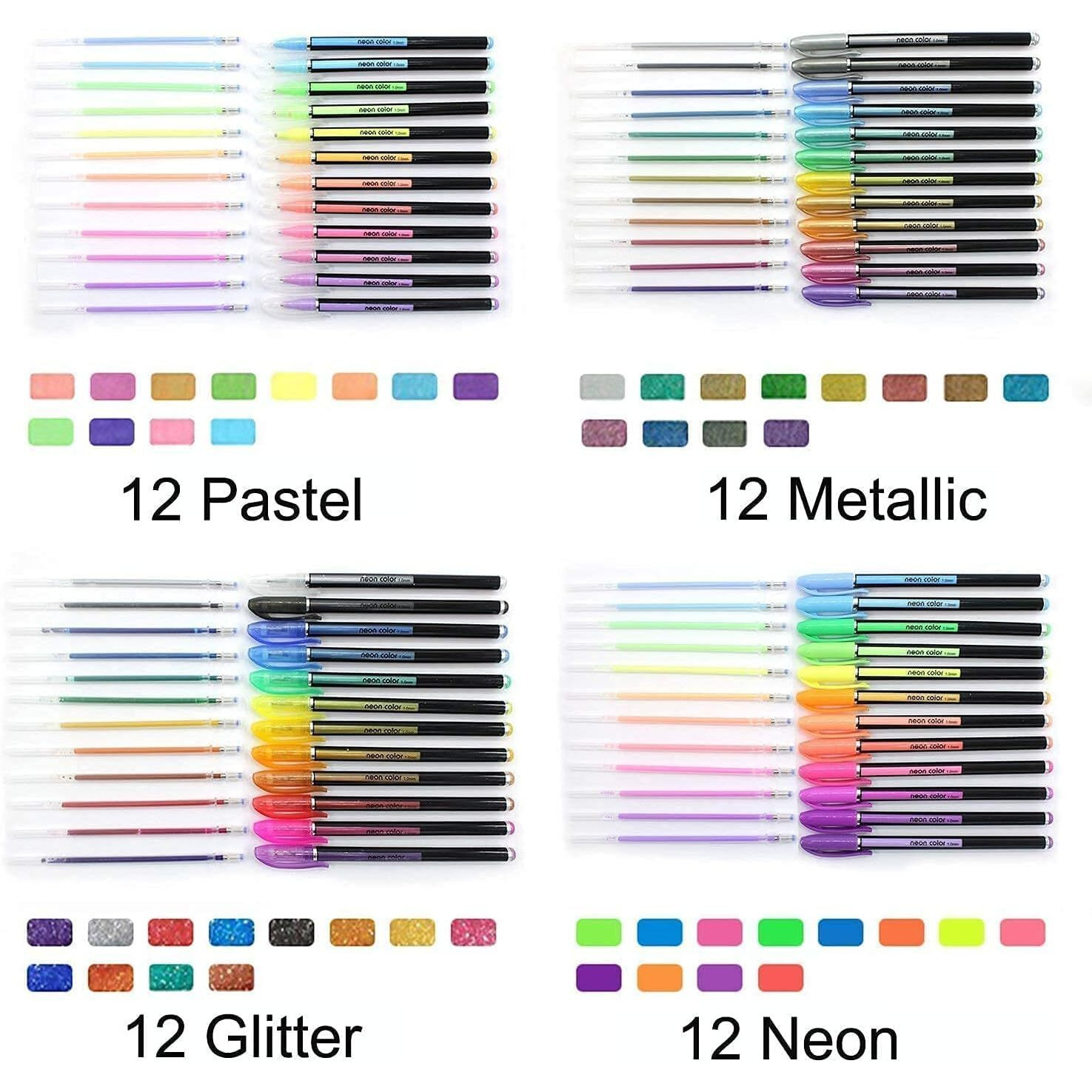 Grandink Neon Gel Pens Set of 48, consisting Fluorescent, Metallic, Glitter, and Pastel colour pens For DIY Art & Crafts (Sketching, Drawing & Painting Purpose)