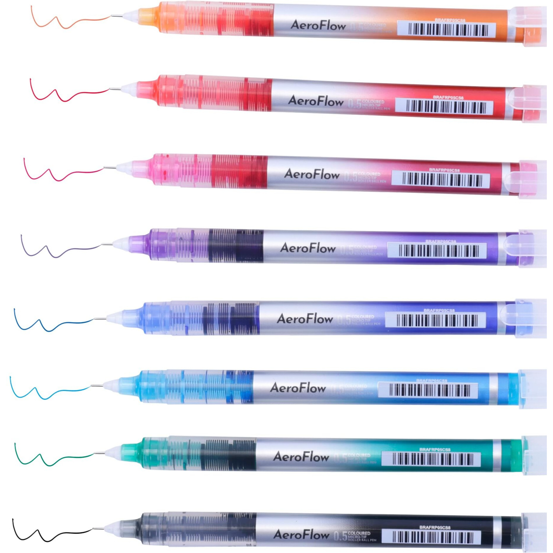 BRUSTRO AeroFlow Coloured Micro-Tip Roller Ball Pen | Tip size - 0.5 mm - Set of 8 |Leakproof, Quick Dry, Acid-Free, Non-Toxic,Fade Resistant,Ideal for Drawing,Doodling, Office, Stationery, School use