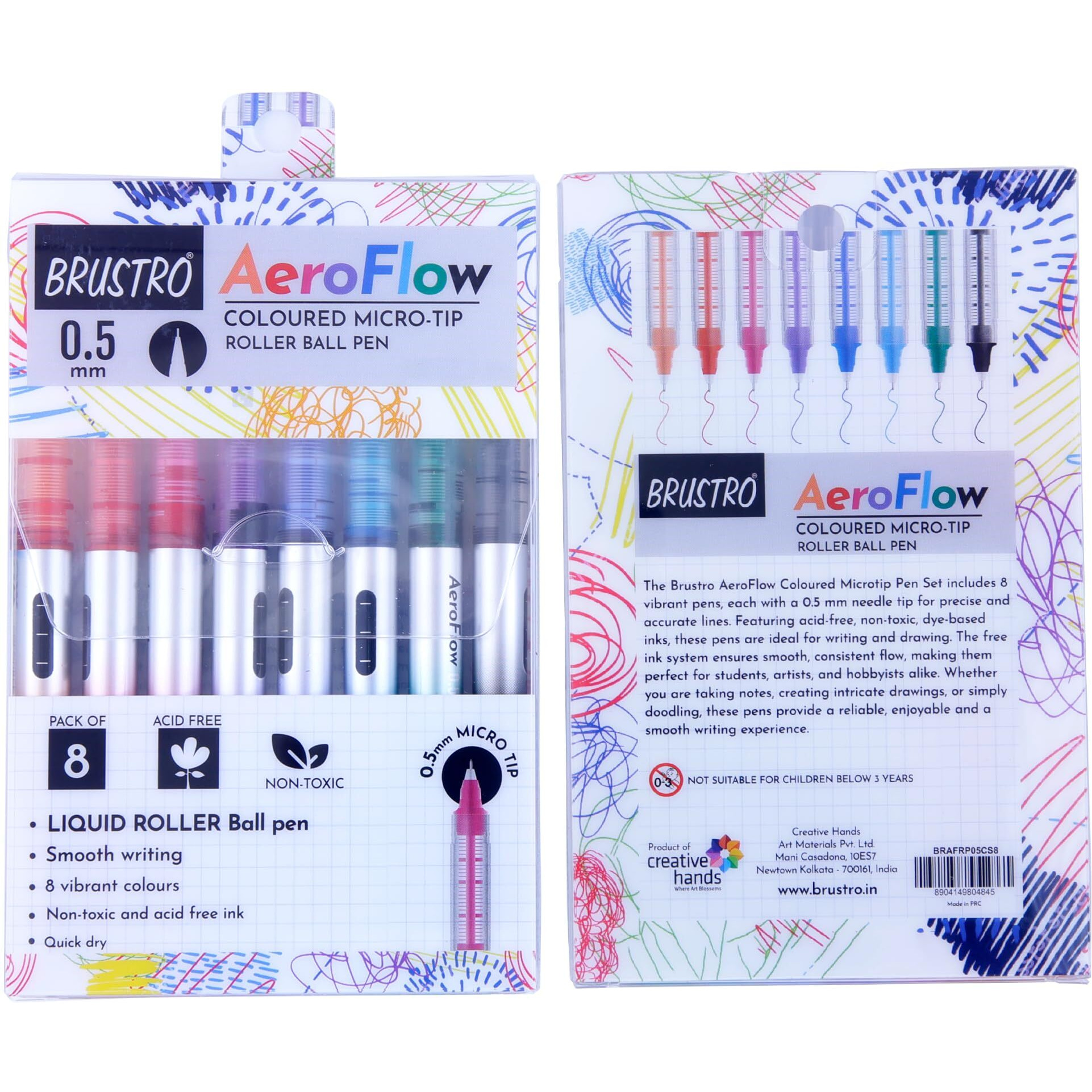 BRUSTRO AeroFlow Coloured Micro-Tip Roller Ball Pen | Tip size - 0.5 mm - Set of 8 |Leakproof, Quick Dry, Acid-Free, Non-Toxic,Fade Resistant,Ideal for Drawing,Doodling, Office, Stationery, School use