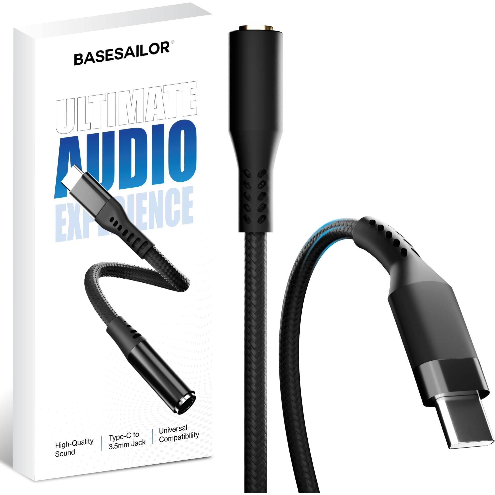 Basesailor Type-C to 3.5mm Audio Jack Connector/Adapter[5-Year Warranty*] with DAC Compatible for iPhone 15 & 16,Samsung S Series,OnePlus,Google Pixel, Nothing & Any Type C Phones-Headphones Converter