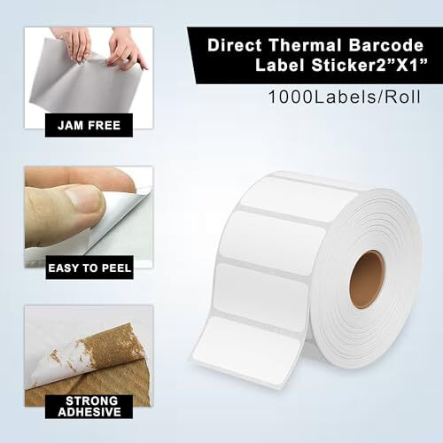 GLUN 50x25 Direct Thermal Barcode Label Sticker - 2 x 1 inch - 50mm x 25mm - 1000 Labels Per Roll - White Self Adhesive Sticker for Printing Barcoding (1 Roll per Pack (1000 Labels))