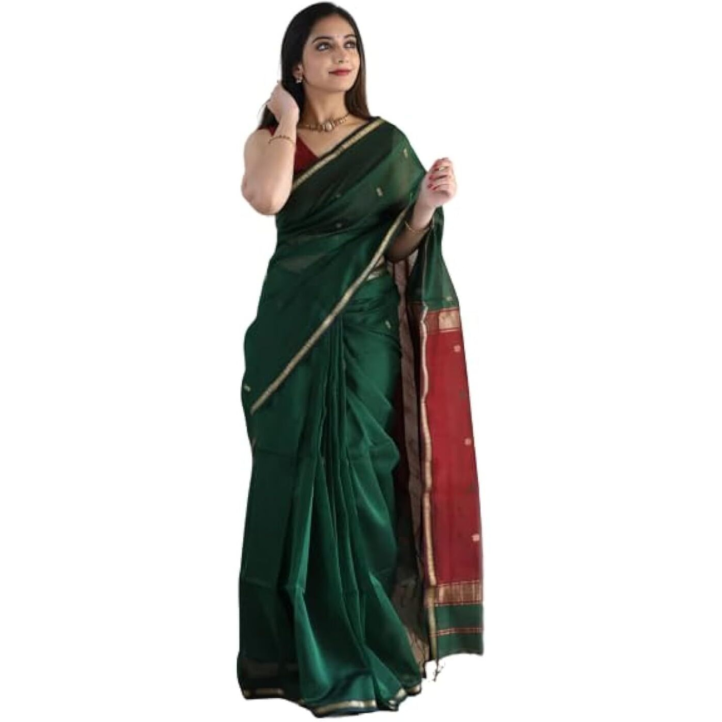 Flosive Women's Mix Color & Golden Kanjivaram Wedding Saree With Blouse (DARK GREEN)