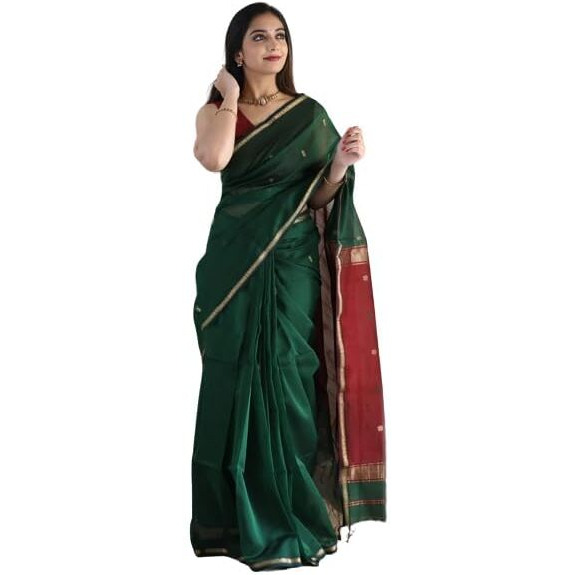 Flosive Women's Mix Color & Golden Kanjivaram Wedding Saree With Blouse (DARK GREEN)