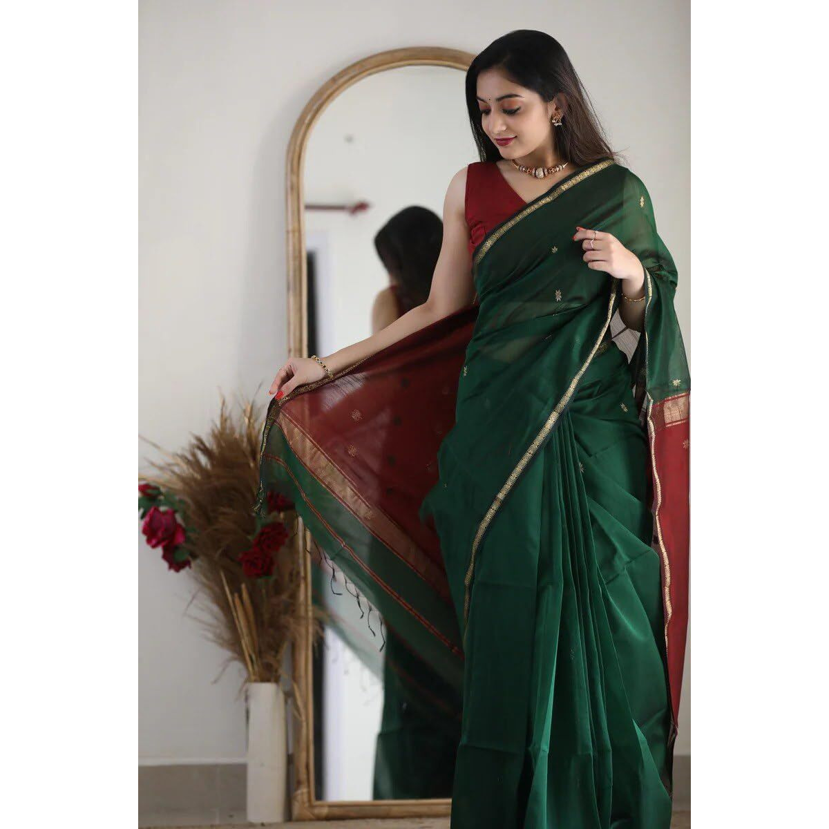 Flosive Women's Mix Color & Golden Kanjivaram Wedding Saree With Blouse (DARK GREEN)