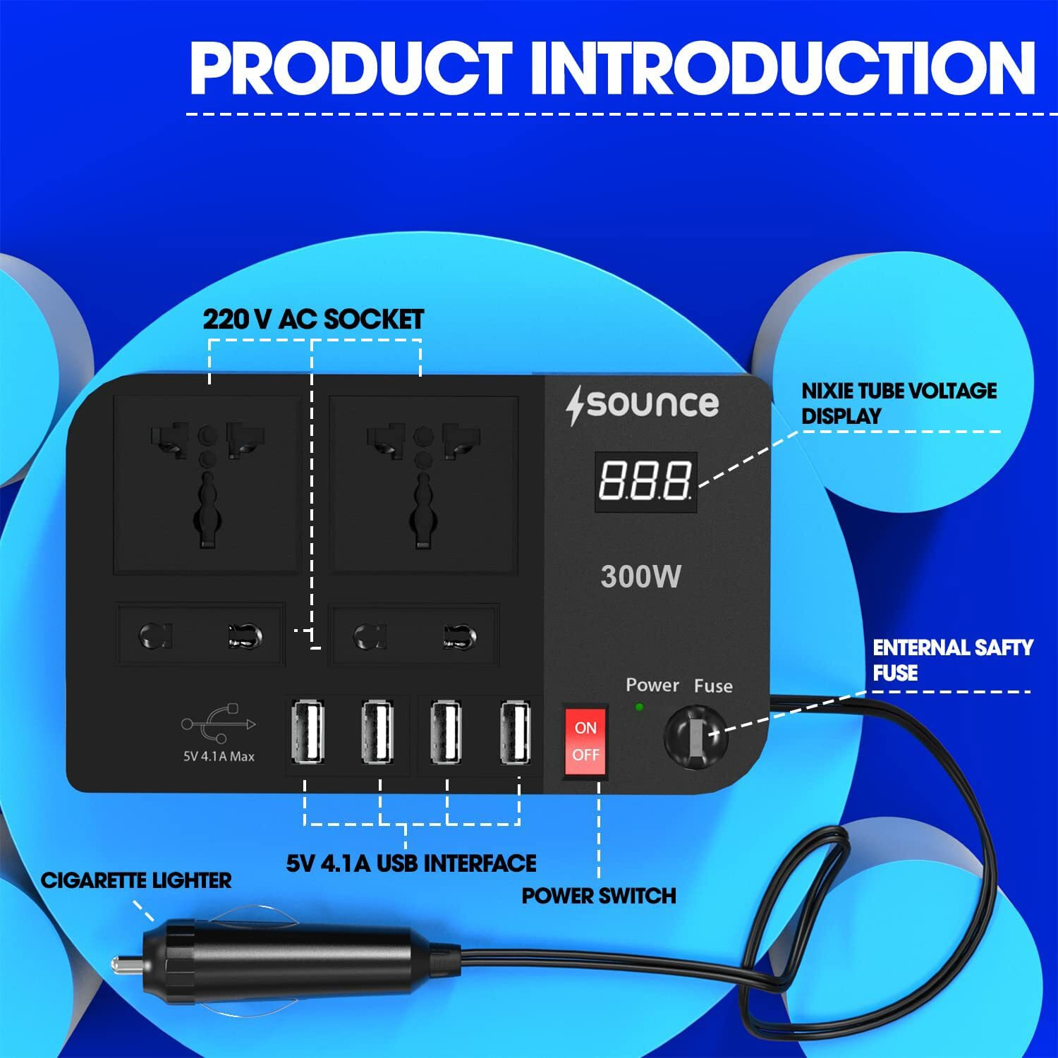 Sounce 300W Car Inverter Car Charging Adapter with Switch Car Charging Adapter with 4 USB Port, Outlet & Fuse DC 12V to 220V Car Inverter with LED Voltage Display (Black)