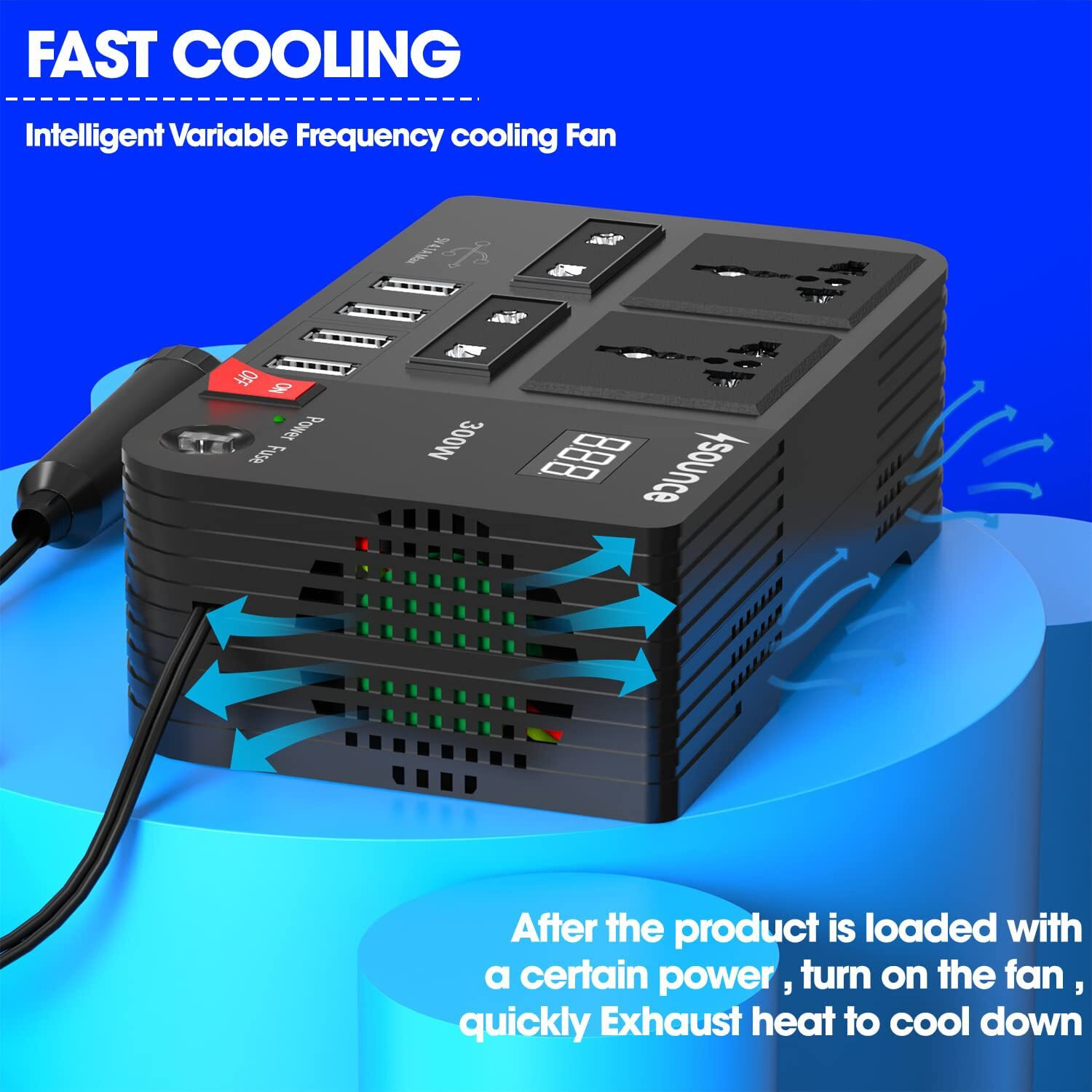Sounce 300W Car Inverter Car Charging Adapter with Switch Car Charging Adapter with 4 USB Port, Outlet & Fuse DC 12V to 220V Car Inverter with LED Voltage Display (Black)