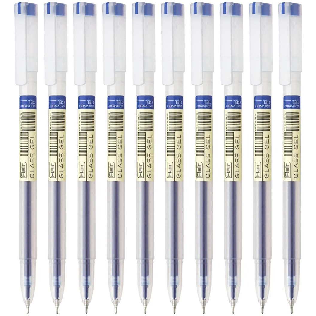 FLAIR Glass Gel Pen Wallet Pack | Tip Size 0.6 mm | Water Proof Ink For Smooth Flow System | Low-Viscosity Ink For Smudge Free Writing | Blue ink, Pack of 10