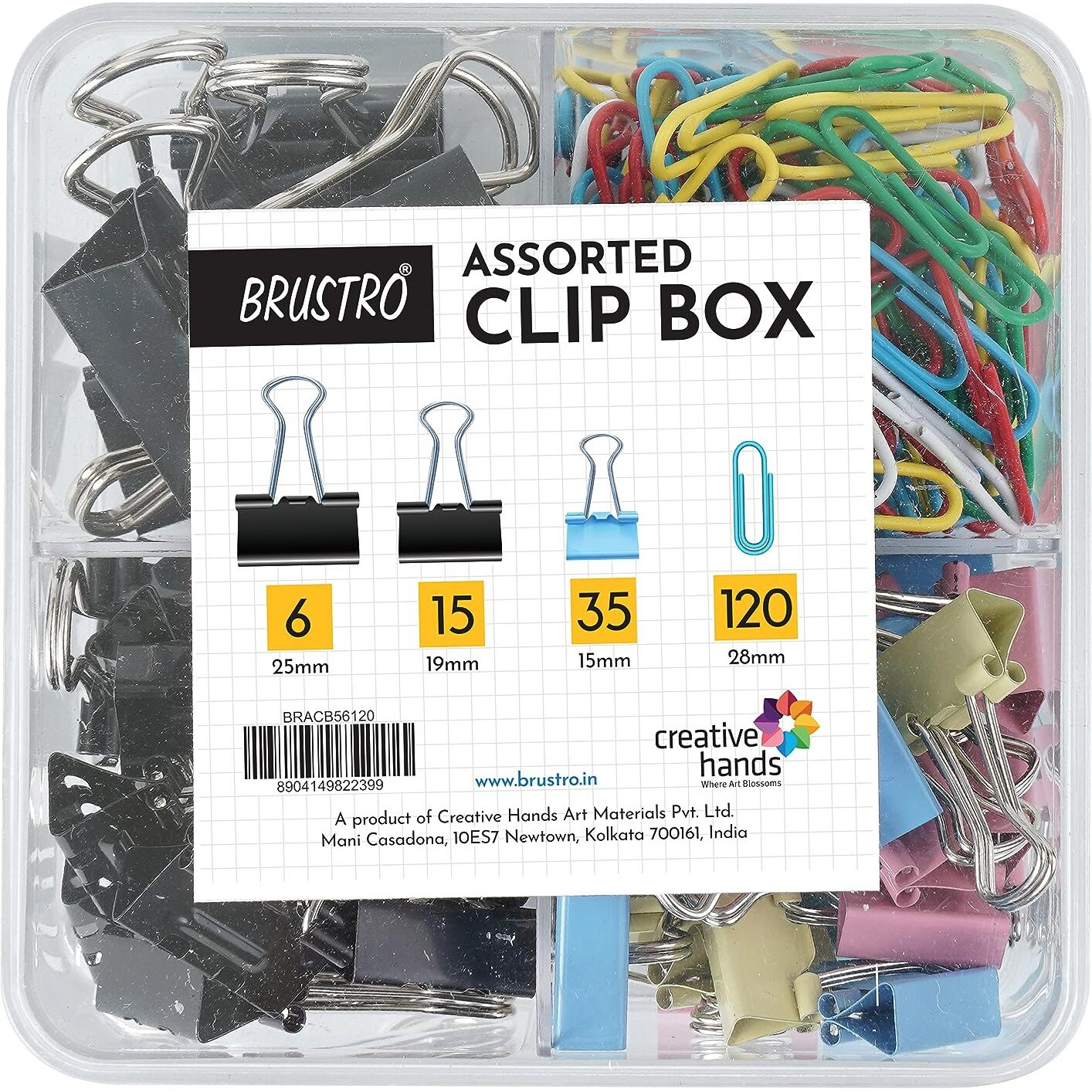 BRUSTRO Assorted Clip Box | Includes 120 Paper Clips-28mm & 56 Binder Clips (25mm- 6 pcs| 19mm- 15 pcs| 15mm- 35pcs) | Home, Office, Stationery use, Ideal for Kids and Adults, Reusable, Flexible