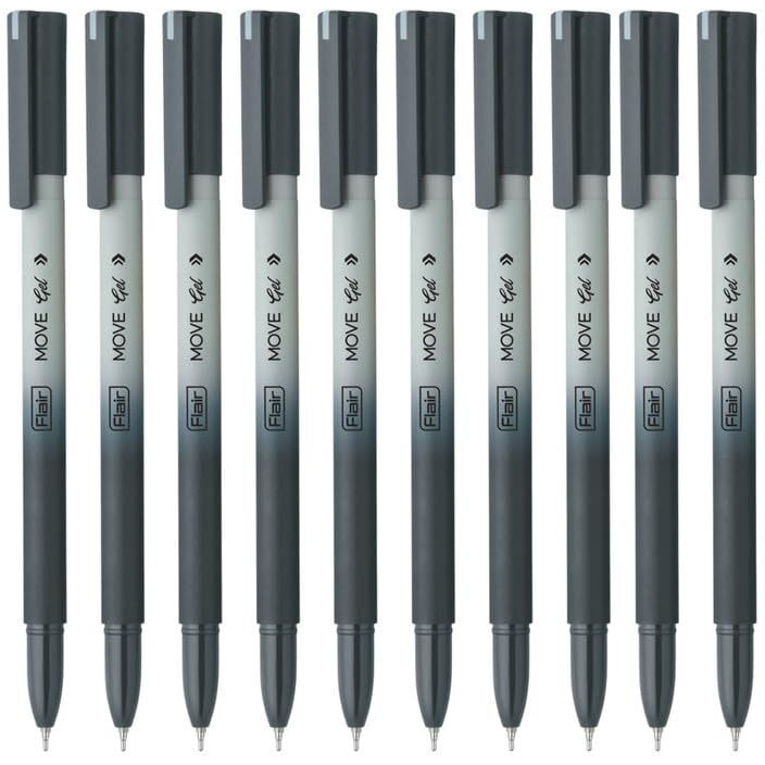 FLAIR Move Gel Pen | Black & Grey Aesthetic Pastel Matt Finished Body | Effortless Writing With Sleek Clip Design | Black Ink, Set Of 10