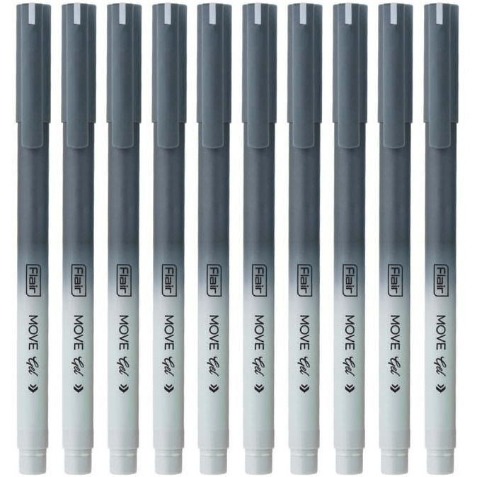 FLAIR Move Gel Pen | Black & Grey Aesthetic Pastel Matt Finished Body | Effortless Writing With Sleek Clip Design | Black Ink, Set Of 10