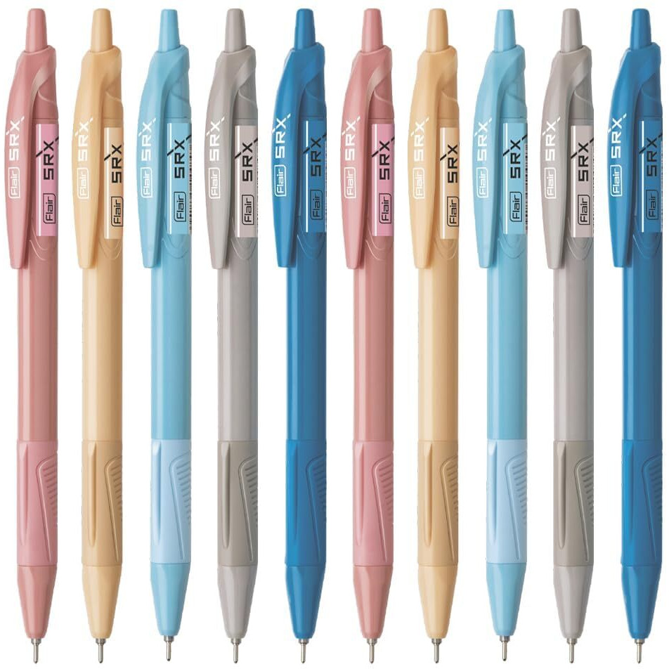 FLAIR Srx 0.7mm Retractable Ball Pen Box Pack | Triangular Body Design For Better Grip | Light Weight Refillable | Smooth Writing Experience | Vibrant Solid Body Colours | Blue Ink, Pack of 10 Pcs